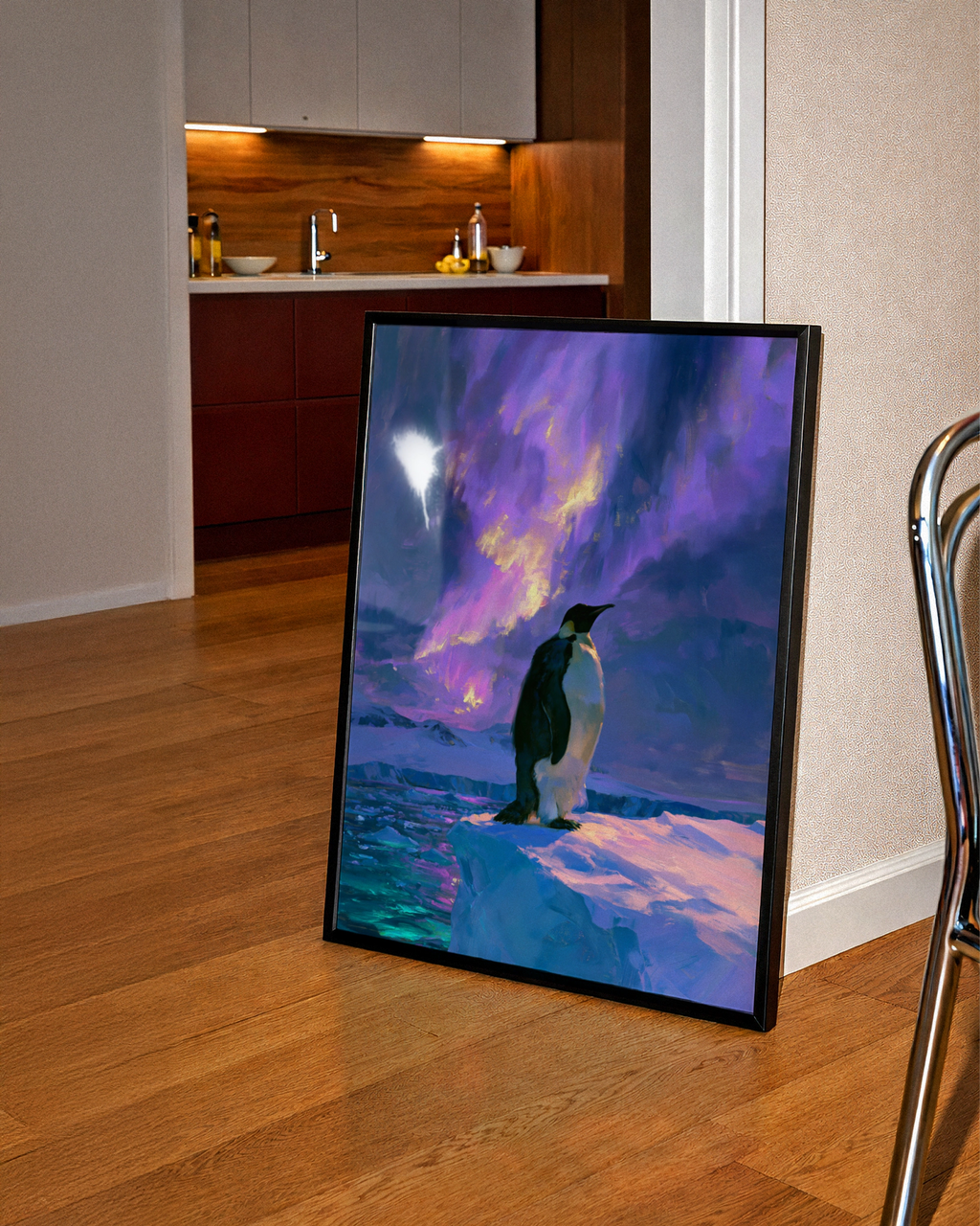 Penguin Aurora Borealis Poster, Antarctic Wildlife Art, Purple Northern Lights Print
