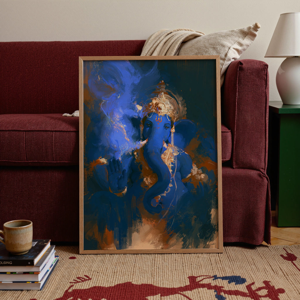Ganesha Blue Shadow Painting Poster, Hindu God Wall Art, Spiritual Print