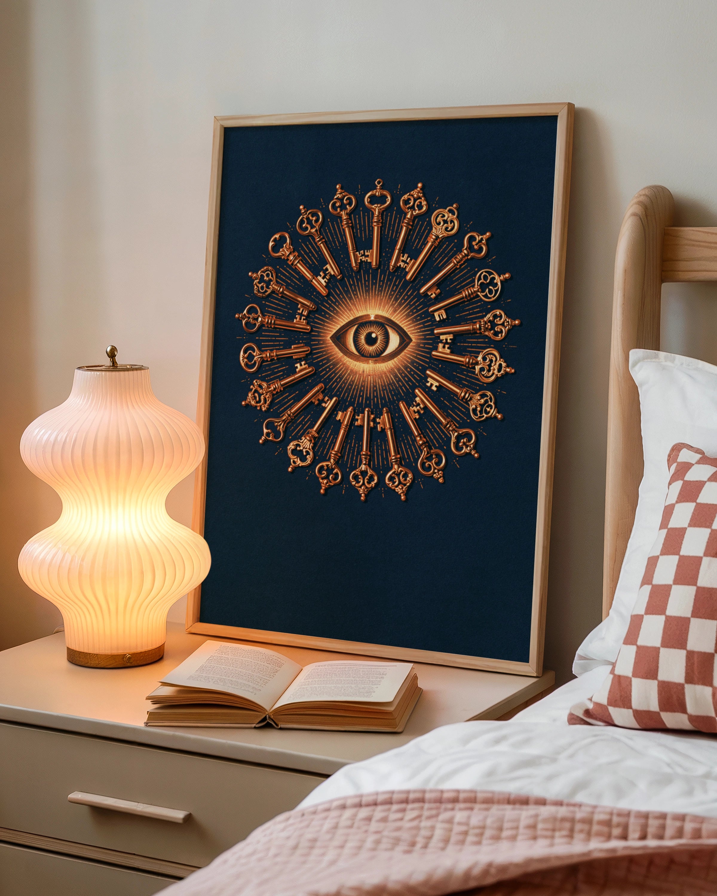 All Seeing Eye Keys Pattern Poster, Mystical Occult Wall Art, Navy Copper
