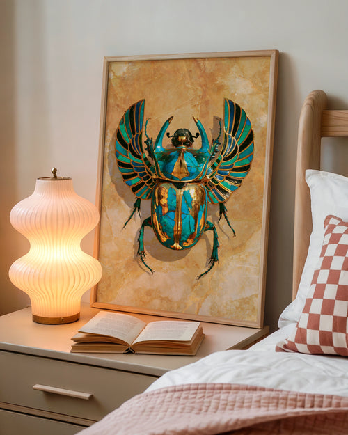 Egyptian Scarab Beetle Poster, Turquoise Gold Art Print, Ancient Egypt Wall Art