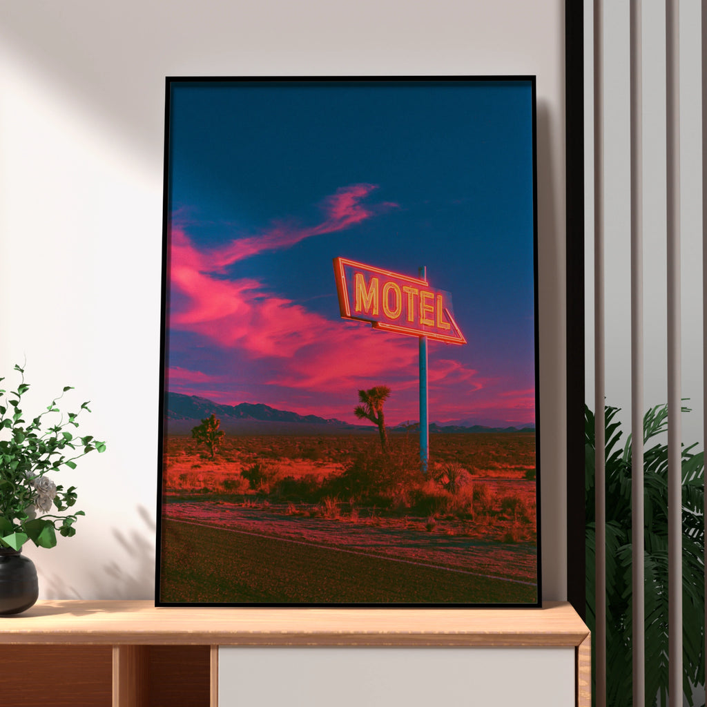 Neon Motel Sign Desert Sunset Poster, Retro Americana Wall Art, Route 66