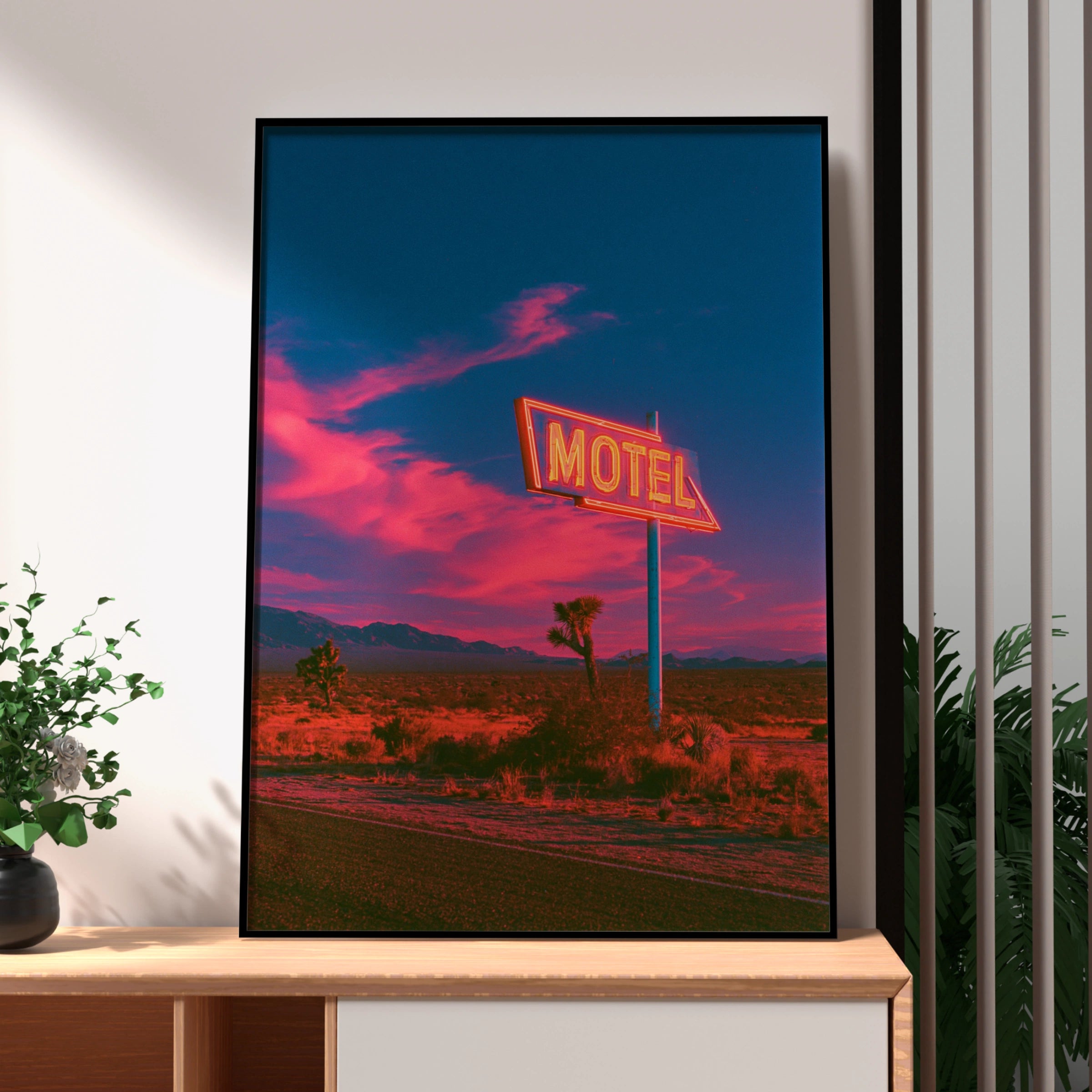 Neon Motel Sign Desert Sunset Poster, Retro Americana Wall Art, Route 66