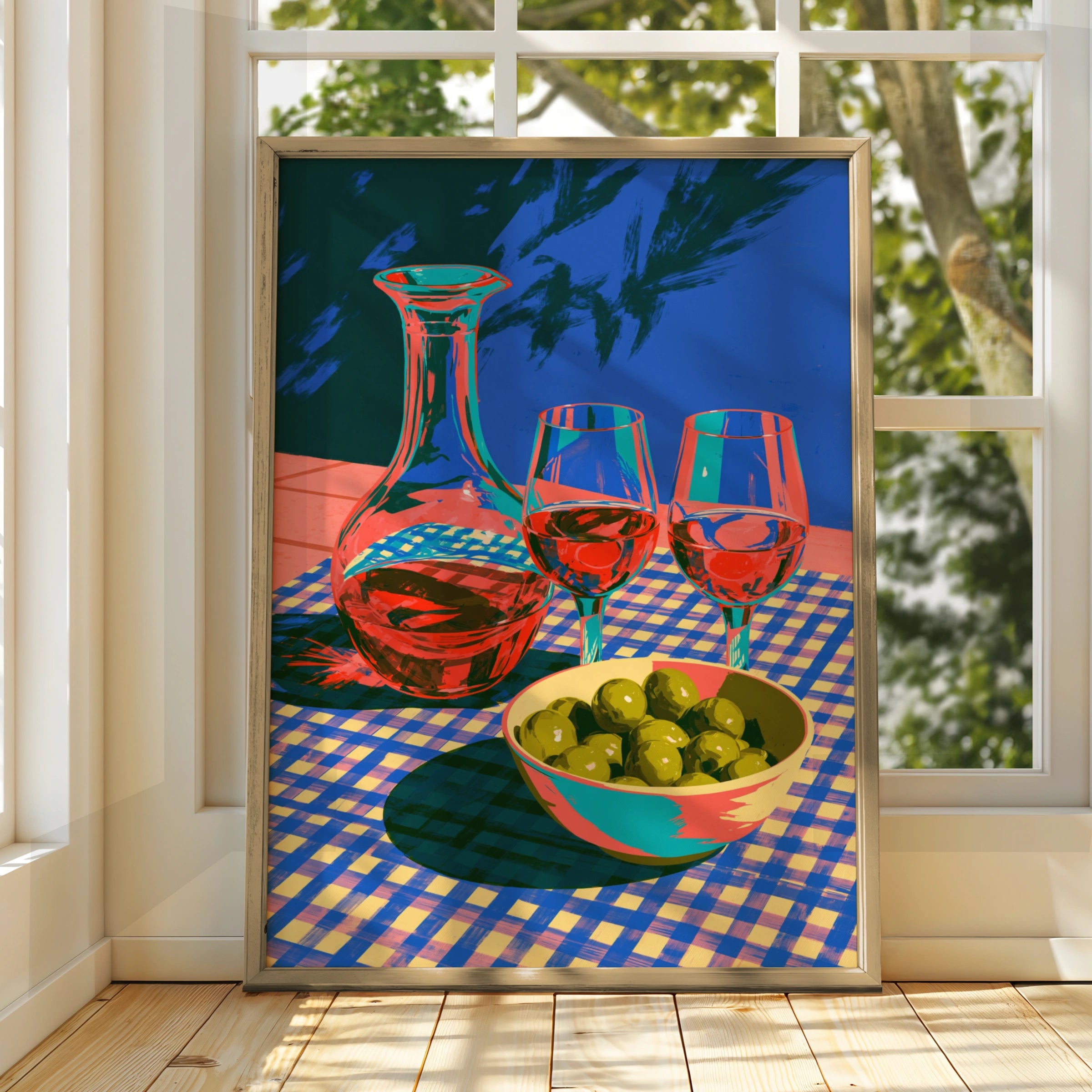 Wine & Olives Still Life Poster, Bold Colourful Mediterranean Wall Art