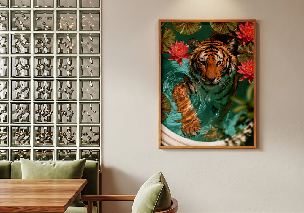 Tiger in Bath with Lotus Flowers Poster, Wildlife Art Print, Botanical