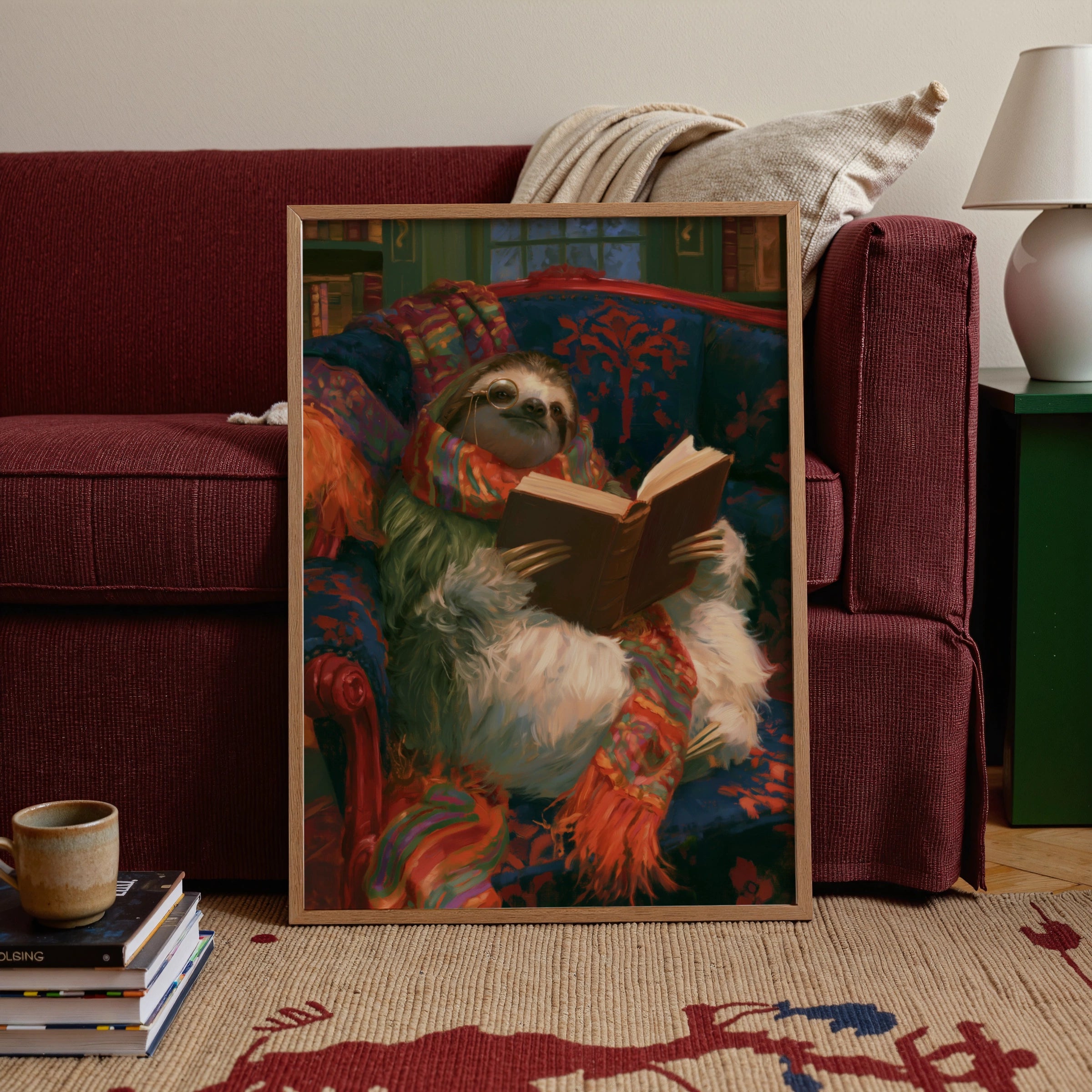 Reading Sloth Wall Art Poster, Cosy Library Print, Whimsical Animal Art