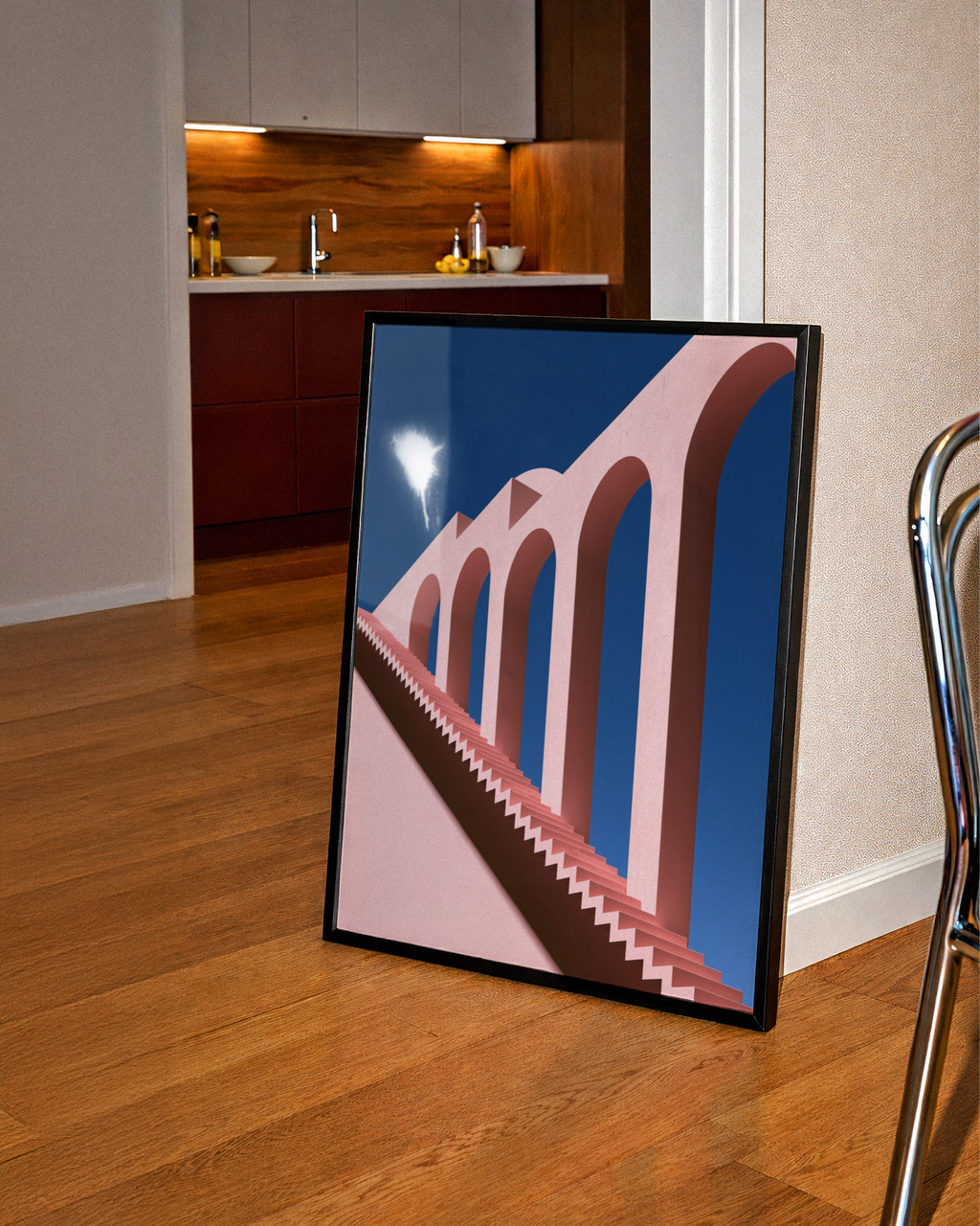 Pink Viaduct Stairs Architecture Poster, Minimalist Arches Wall Art Print