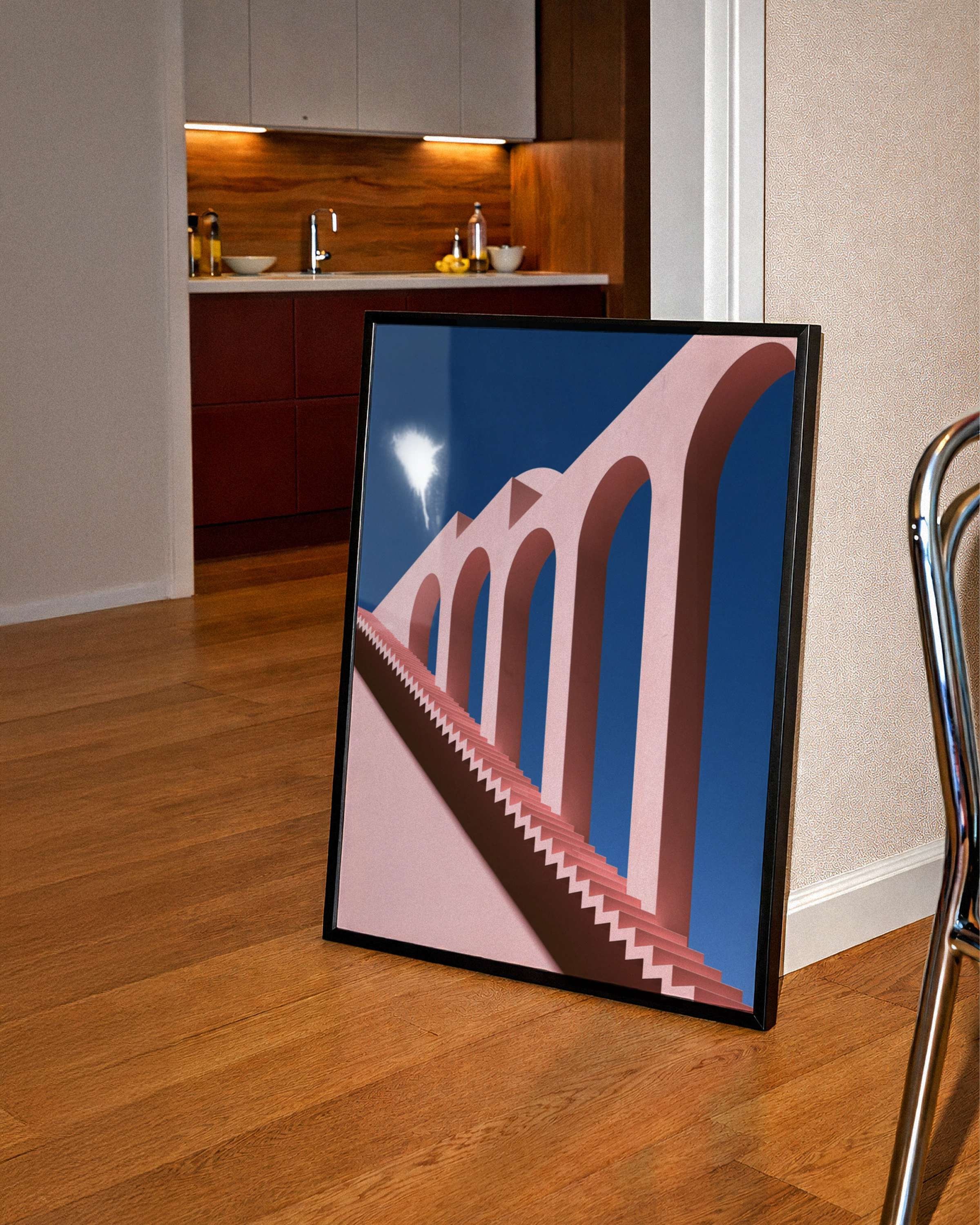 Pink Viaduct Stairs Architecture Poster, Minimalist Arches Wall Art Print
