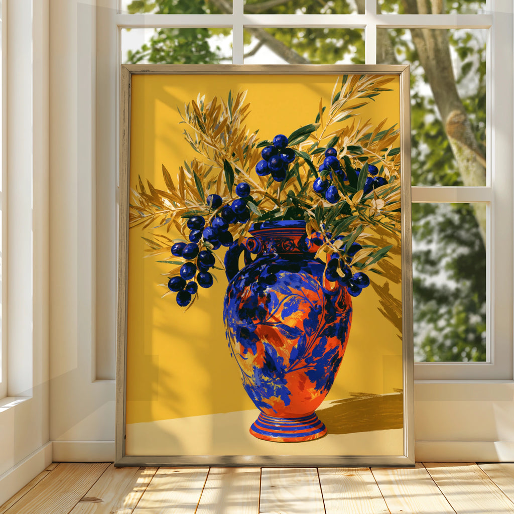 Olive Branch Vase Poster, Bold Botanical Wall Art, Mediterranean Style Print