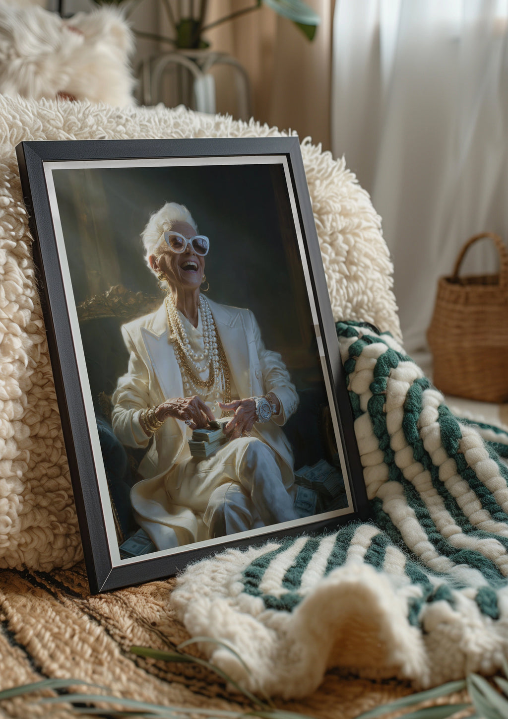 Glamorous Grandma Counting Money Poster, Funny Wealthy Older Woman Wall Art
