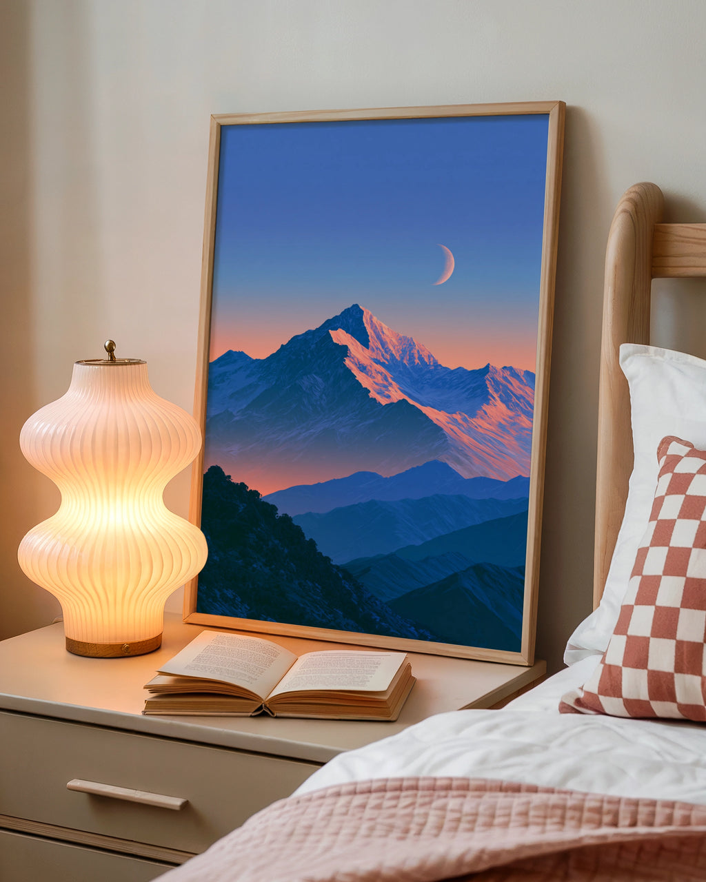 Mountain Moon Blue Poster, Snowy Peak Crescent Moon, Twilight Wall Art Print