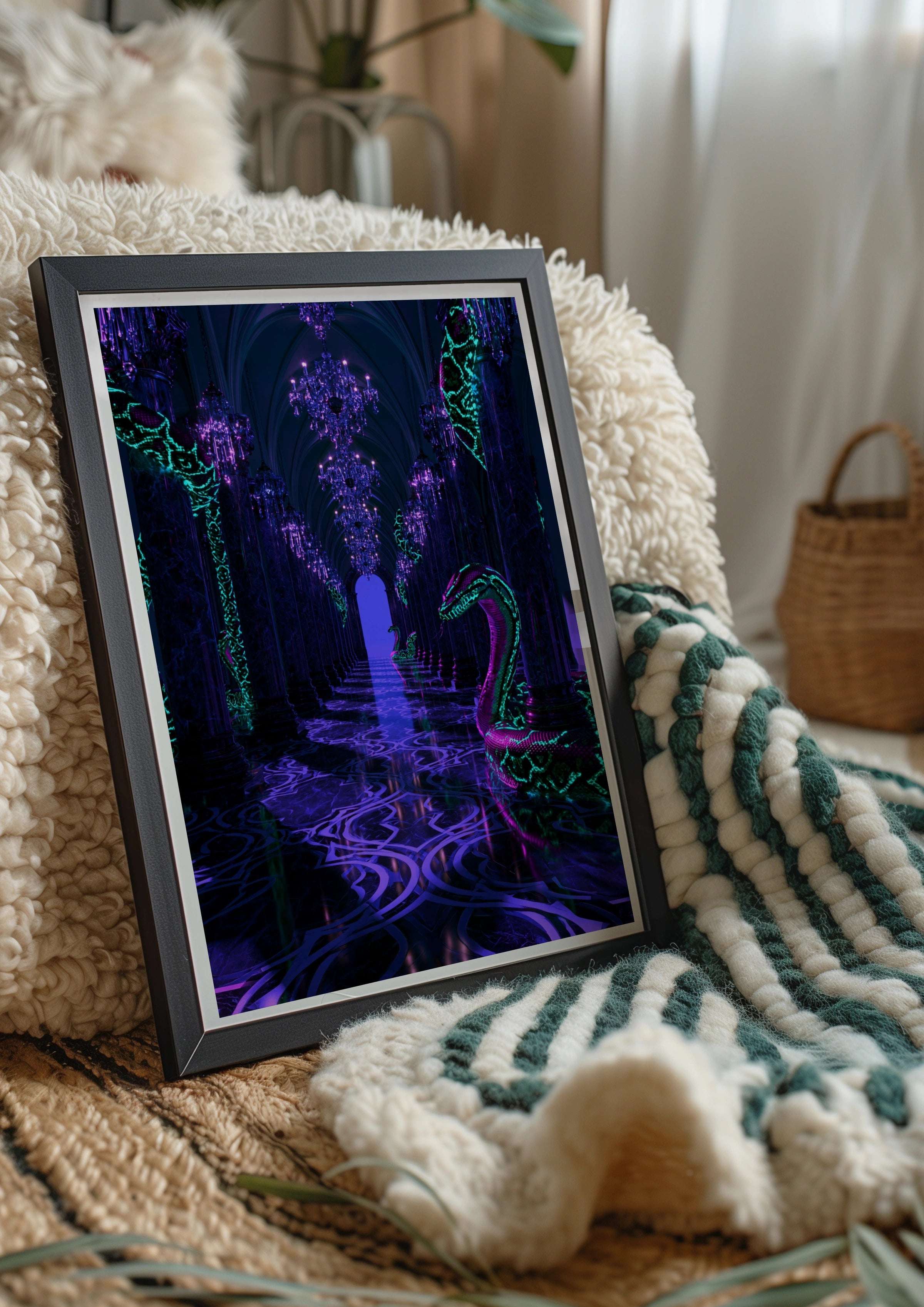 Neon Snake Gothic Hall Poster, Dark Fantasy Art Print, Purple Teal