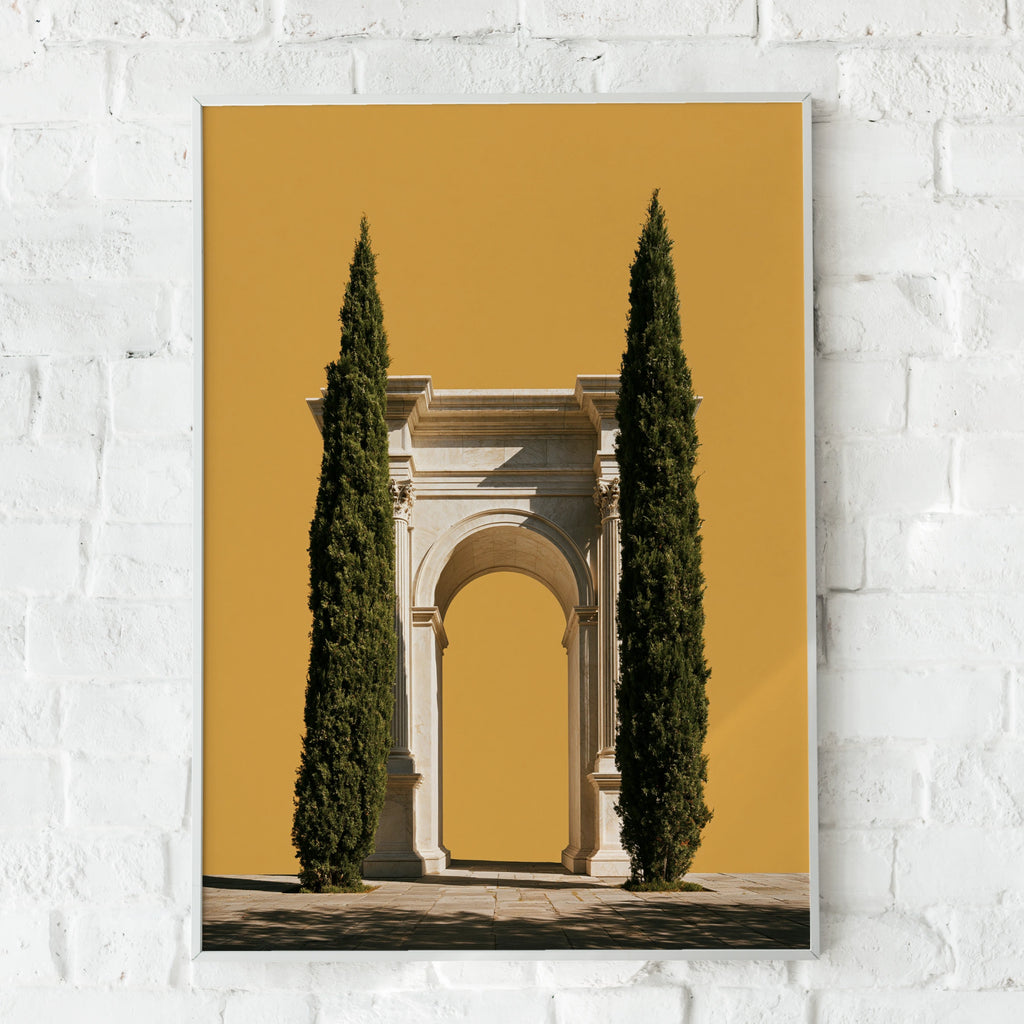 Roman Arch Cypress Trees Poster, Classical Architecture Print, Yellow Minimalist Wall Art