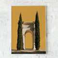 Roman Arch Cypress Trees Poster, Classical Architecture Print, Yellow Minimalist Wall Art