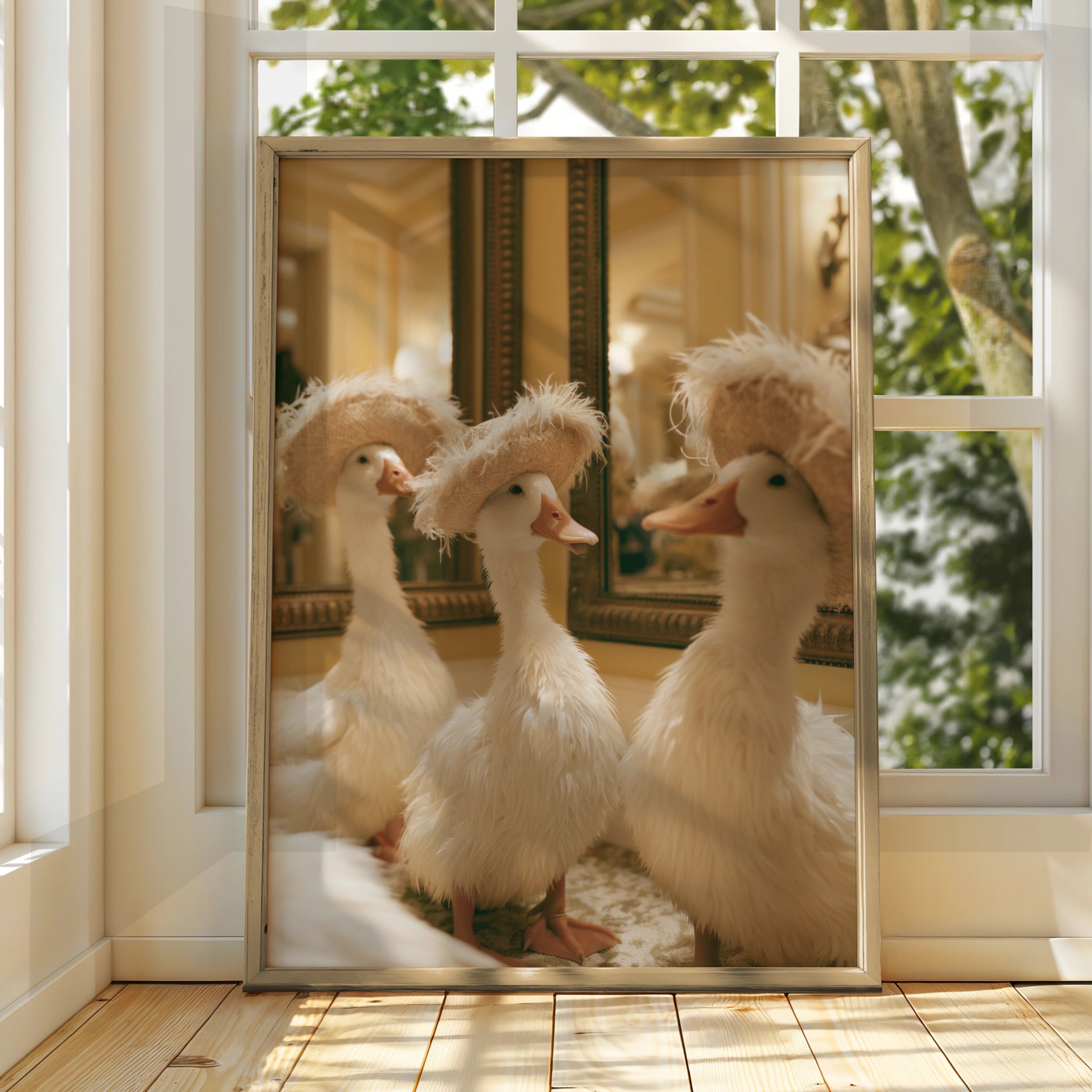 Ducks in Hats Wall Art Poster, Whimsical White Ducks, Funny Animal Print
