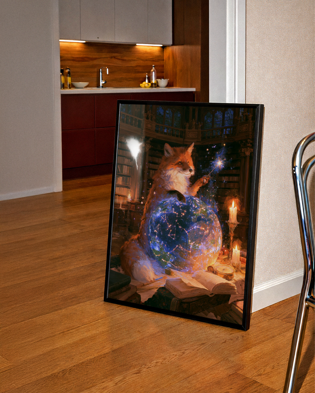 Fox Celestial Observatory Poster, Magical Library Wall Art, Fantasy Print