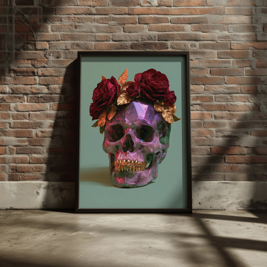 Amethyst Crystal Skull Red Roses Poster, Dark Floral Wall Art, Gothic Print