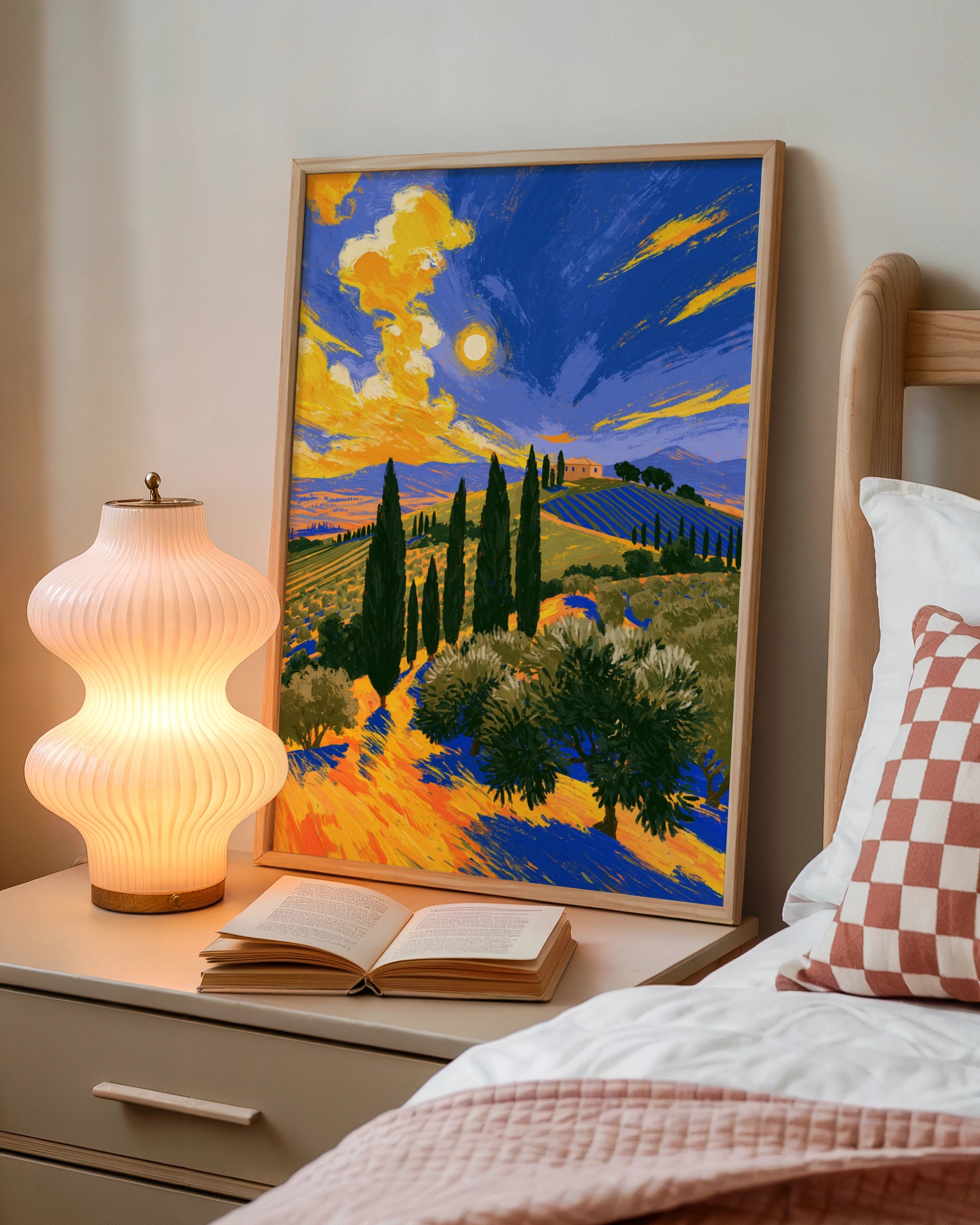 Tuscany Cypress Fields Poster, Italian Landscape Wall Art, Van Gogh Style Print