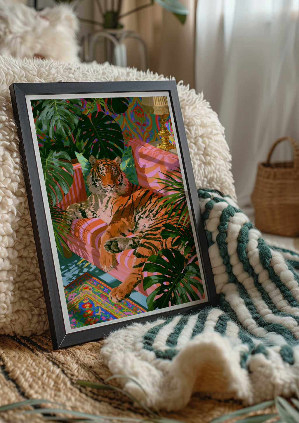 Tiger on Sofa Tropical Plants Poster, Colourful Maximalist Wall Art Print