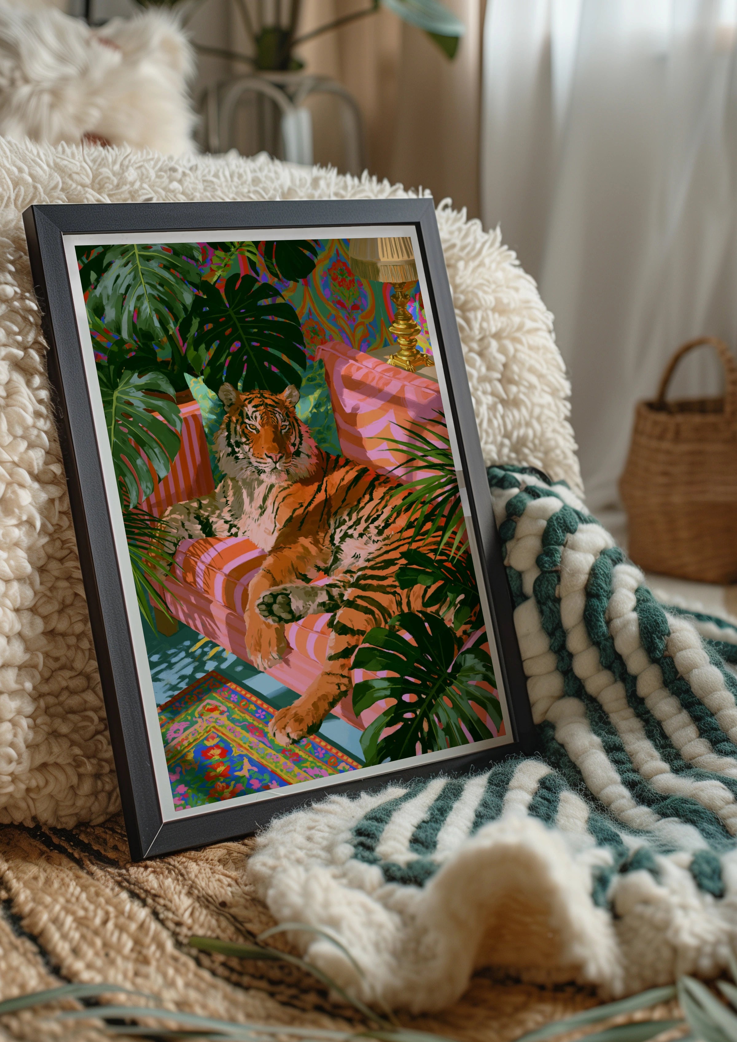 Tiger on Sofa Tropical Plants Poster, Colourful Maximalist Wall Art Print