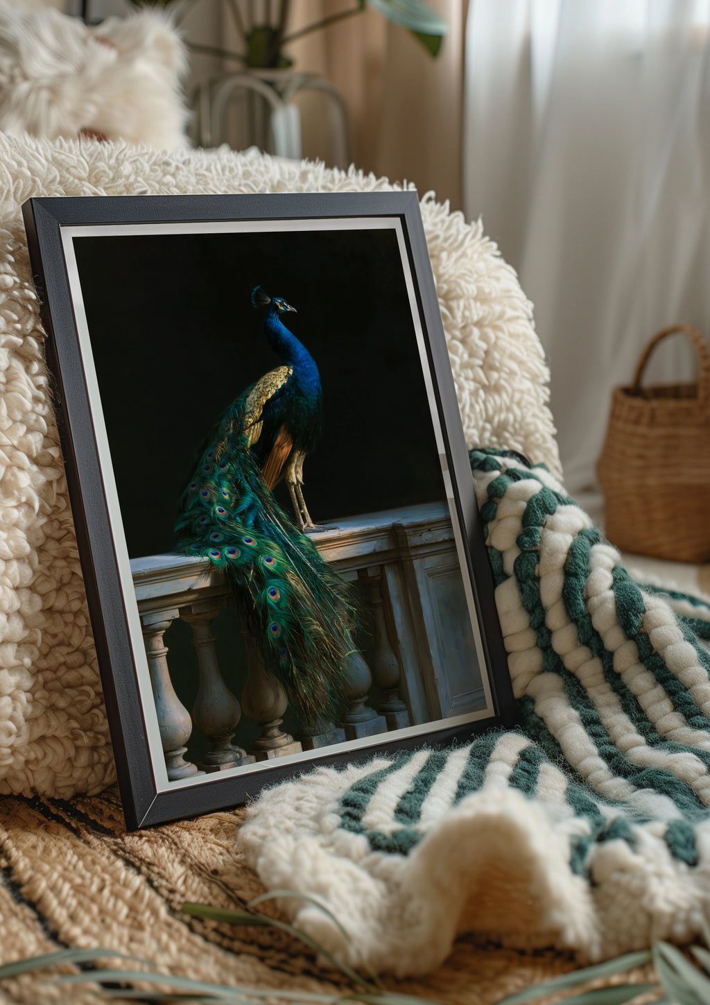 Peacock Antique Painting Poster, Teal Gold Bird Wall Art, Dark Classical Style