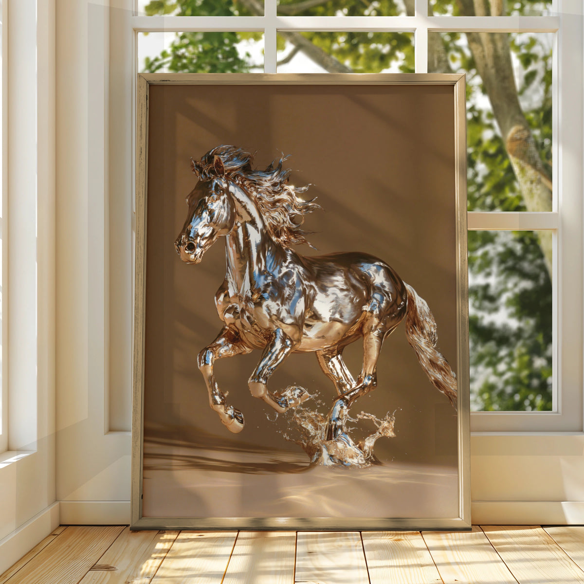 Chrome Horse Poster, Metallic Running Horse Wall Art, Modern Digital Print