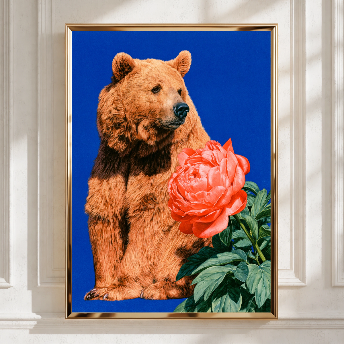 Bear with Pink Peony Flower Poster, Bold Blue Wildlife Floral Wall Art