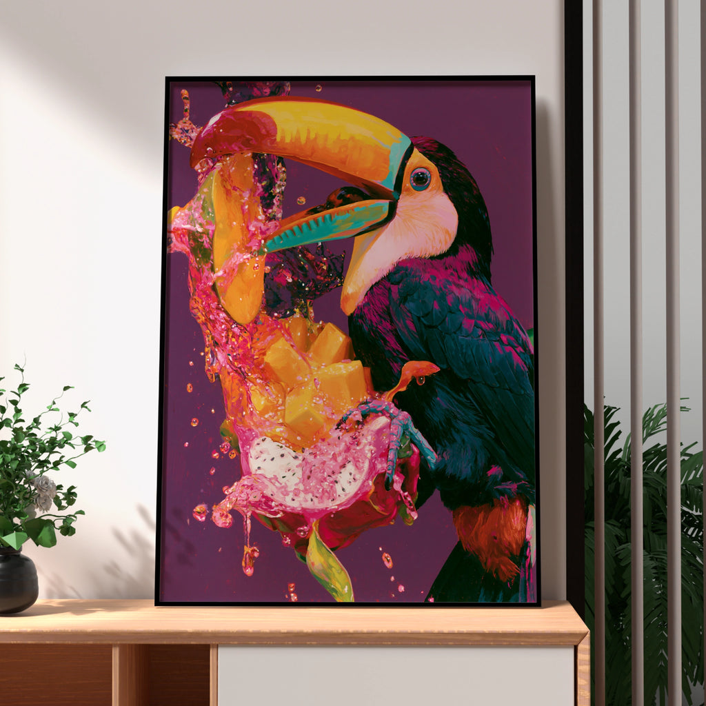 Toucan Tropical Fruit Splash Poster, Vibrant Bird Wall Art Print