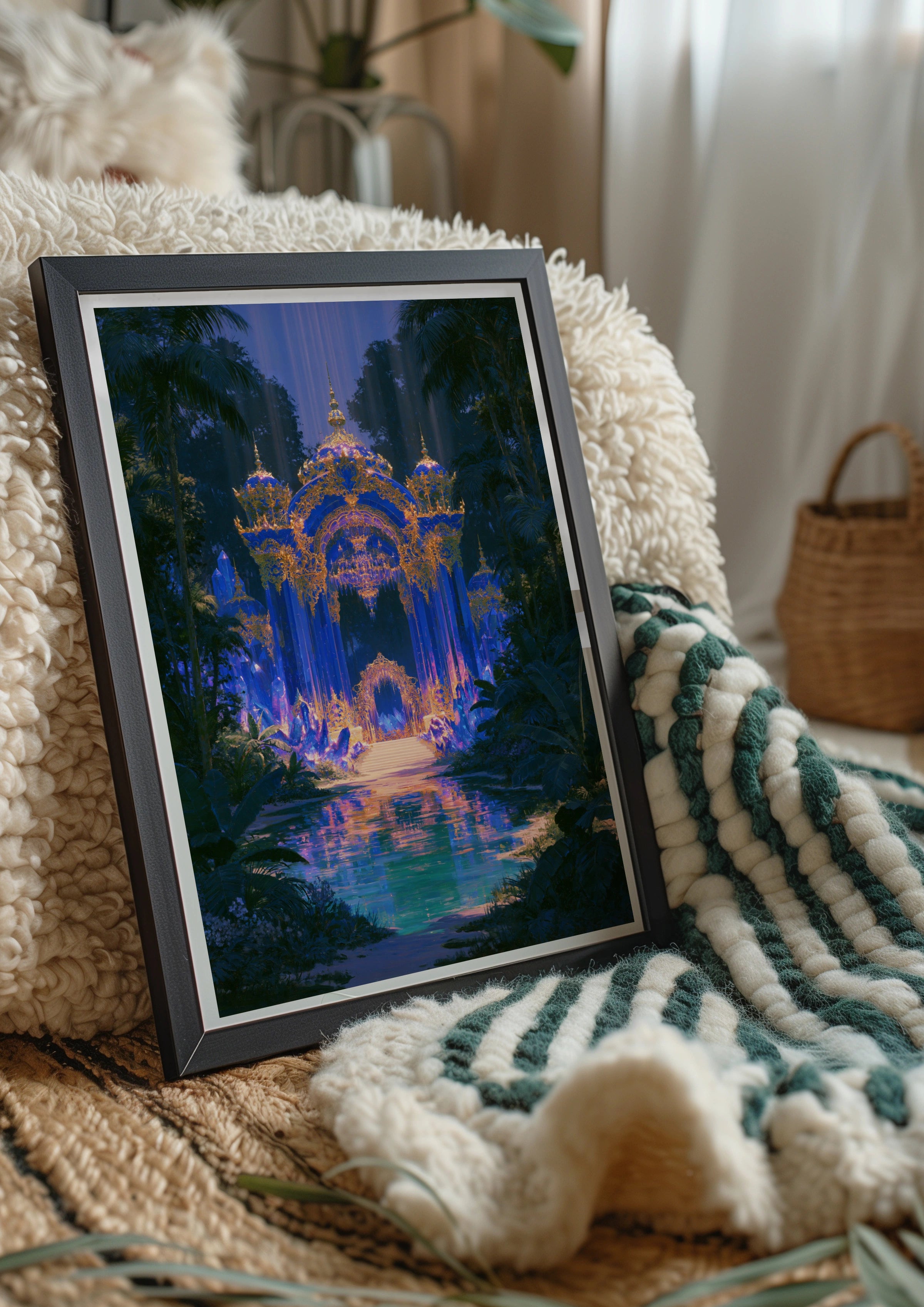 Sapphire Palace Fantasy Art Poster, Crystal Palace, Blue Gold Jungle Print