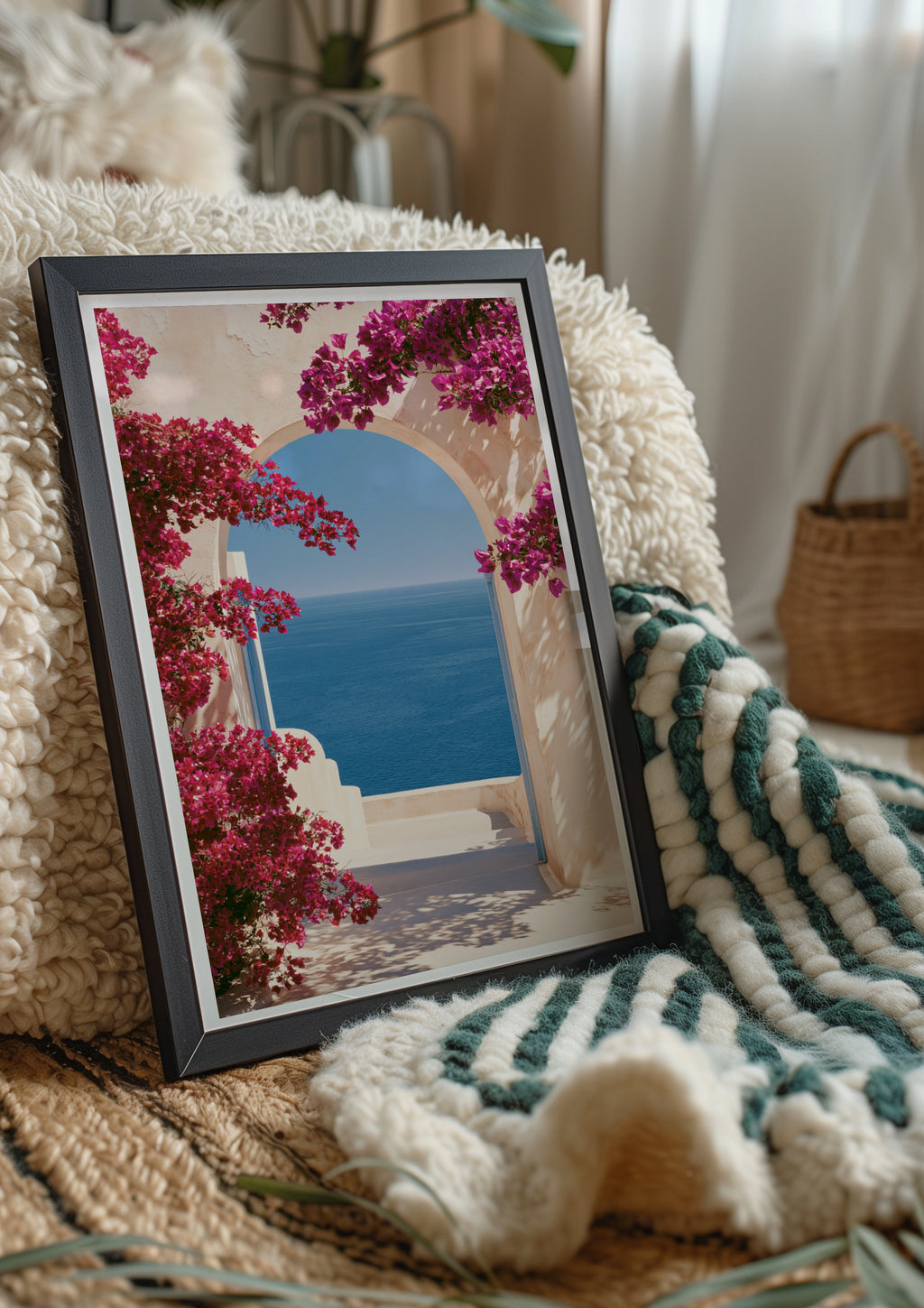 Mediterranean Arch Bougainvillea Sea View Poster, Greek Island Wall Art