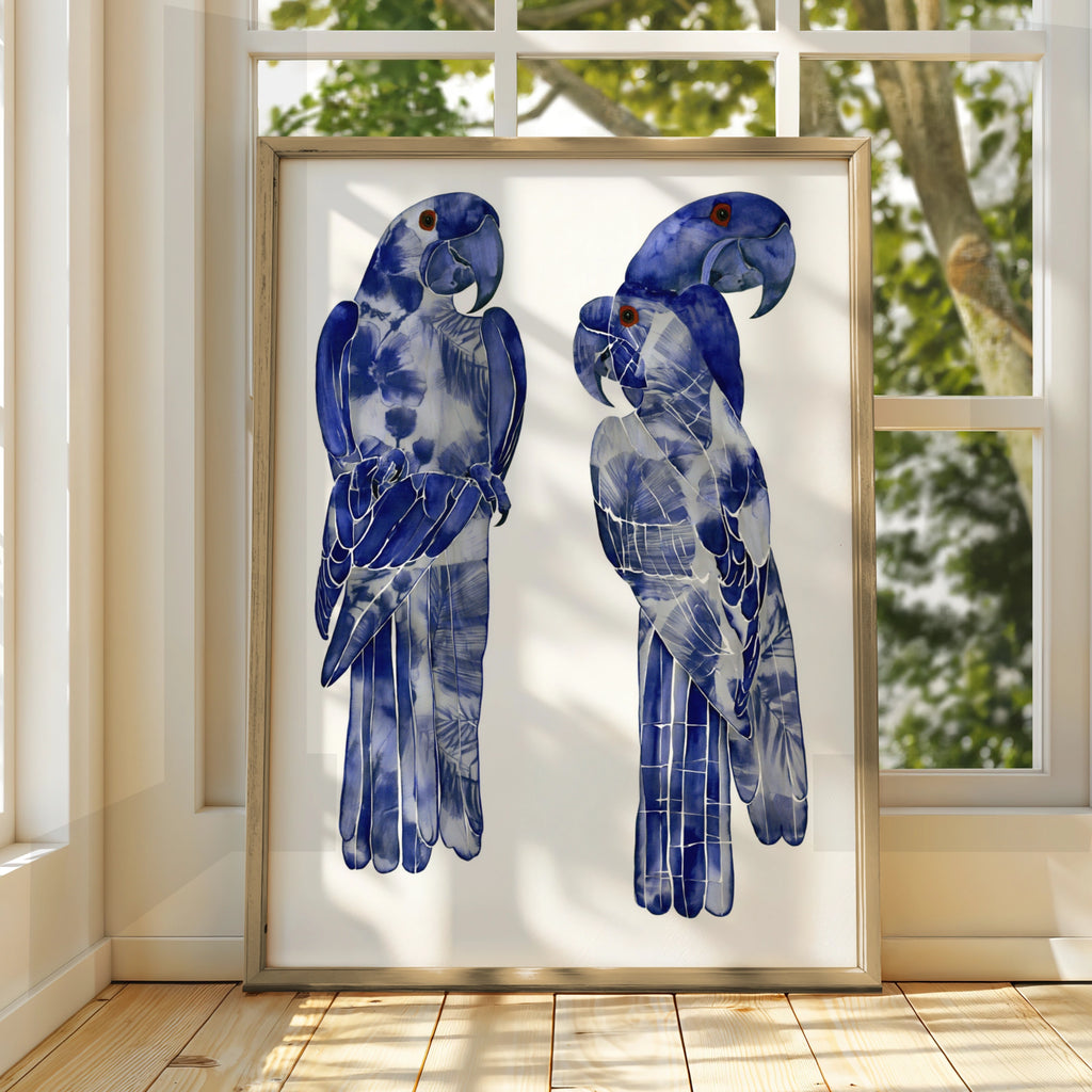 Blue Macaw Parrot Pair Poster, Indigo Tropical Bird Wall Art Print