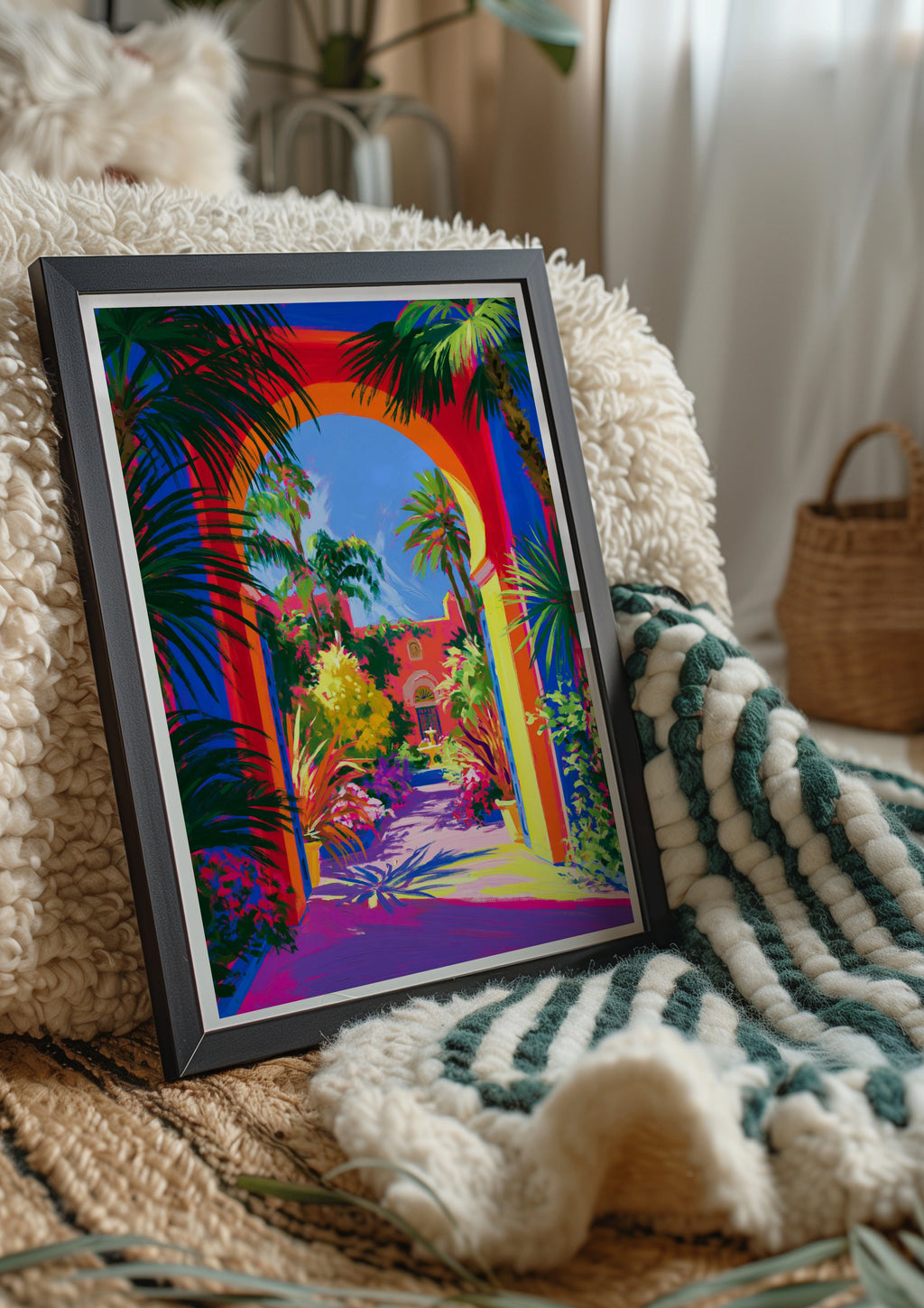 Courtyard Flowers Palms Poster, Tropical Arch Garden Print, Vibrant Colourful Wall Art