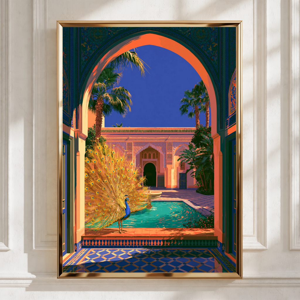 Peacock Moroccan Courtyard Poster, Marrakech Riad Pool Art Print, Vibrant