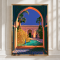 Peacock Moroccan Courtyard Poster, Marrakech Riad Pool Art Print, Vibrant