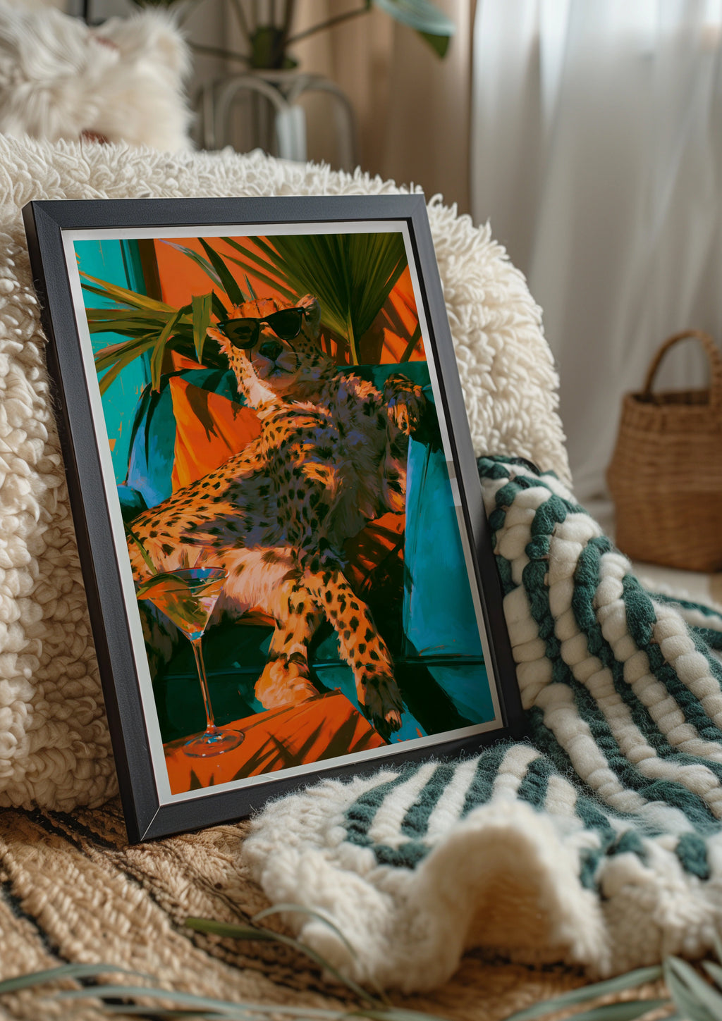 Relaxing Cheetah Sunglasses Martini Poster, Tropical Bold Colour Art Print