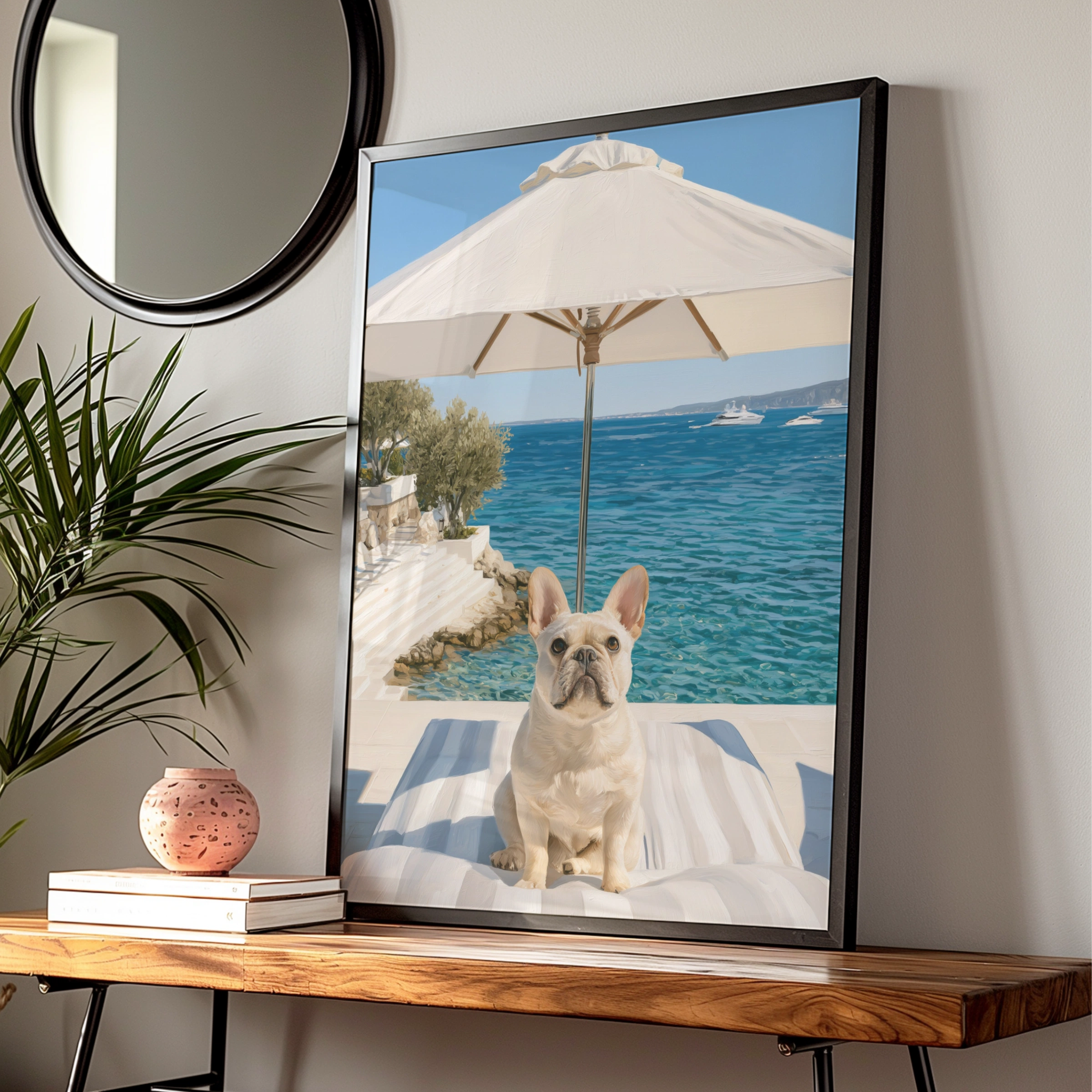 French Bulldog by the Sea, Wall Art Poster, Coastal Summer Print