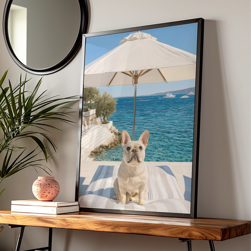 French Bulldog by the Sea, Wall Art Poster, Coastal Summer Print