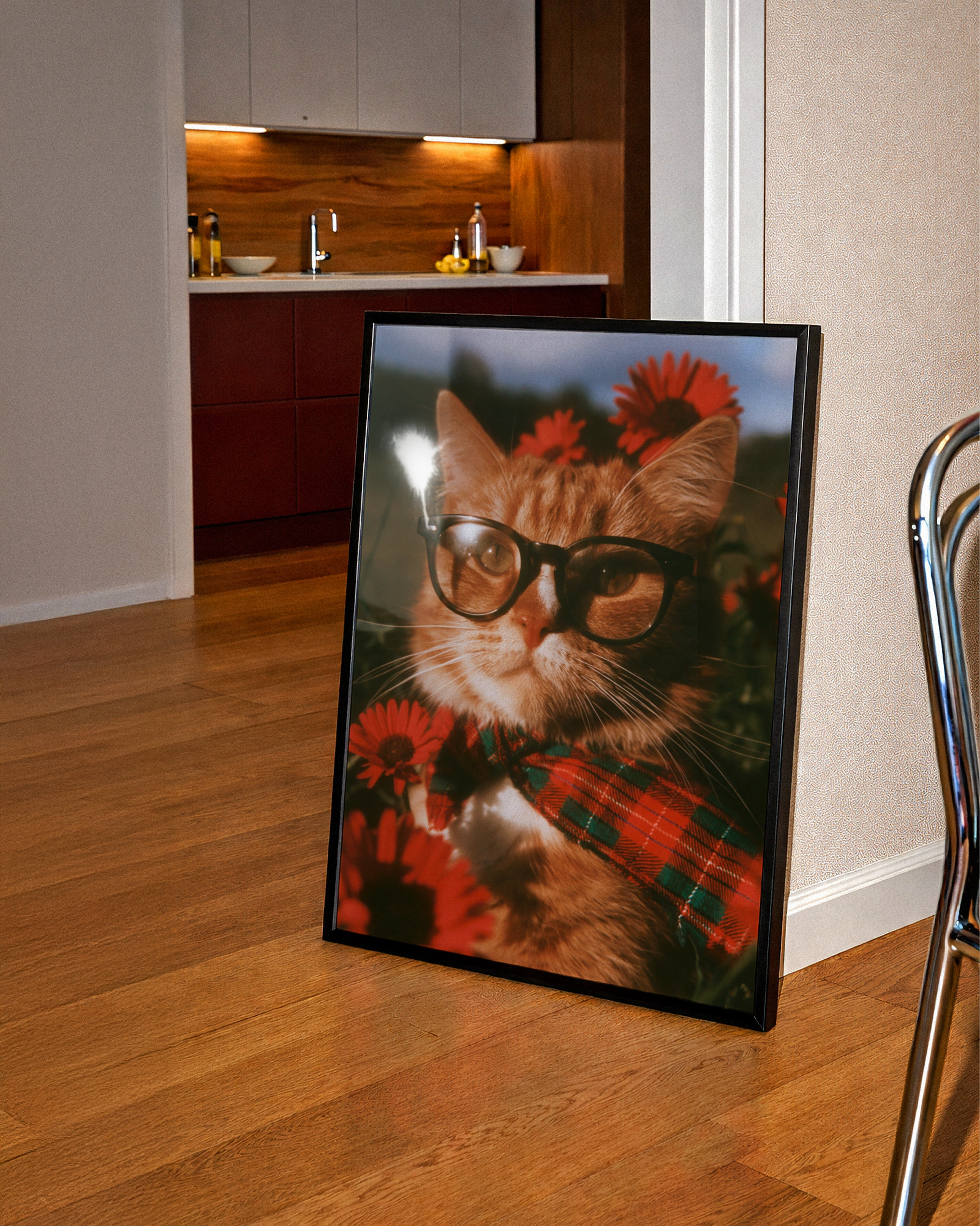 Cat Wearing Glasses Flowers Poster, Ginger Cat Wall Art, Retro Floral Print