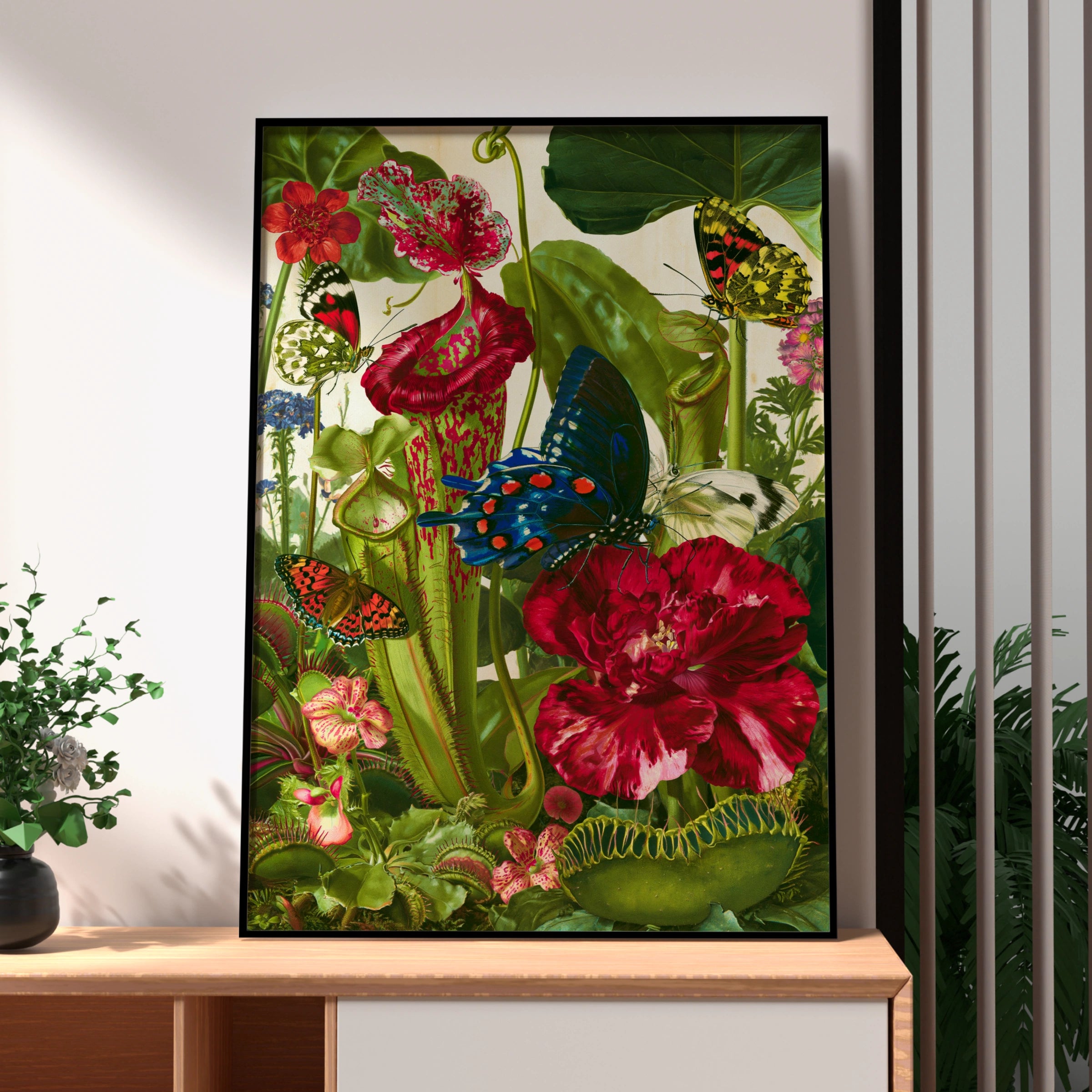 Carnivorous Plants Butterflies Botanical Poster, Vintage Nature Wall Art Print