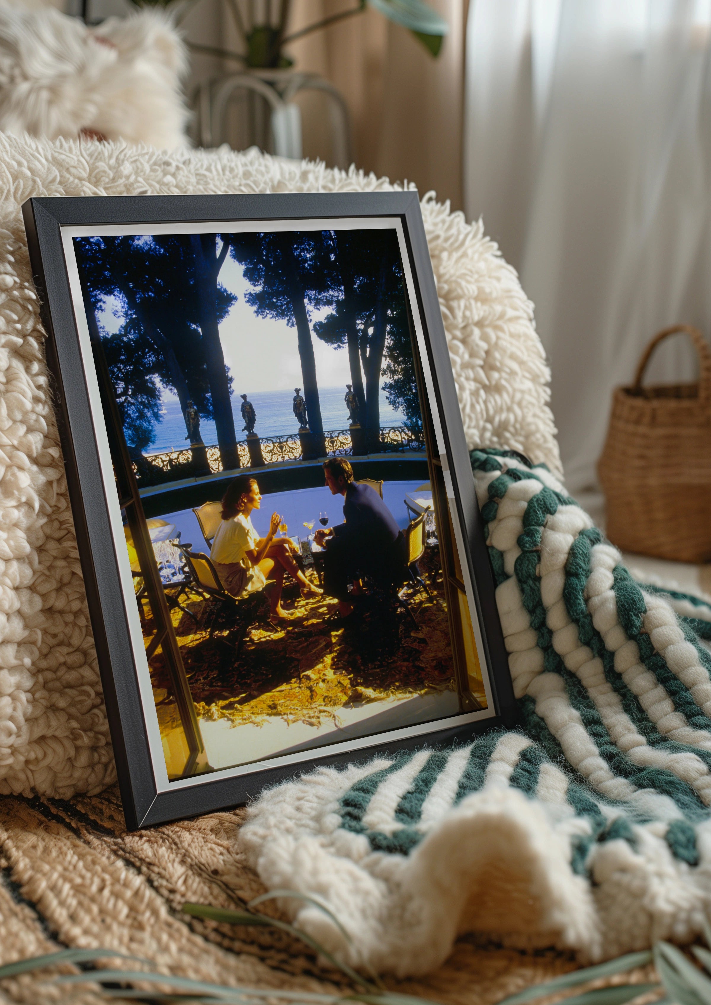 Couple Dining at Villa Terrace, Mediterranean Sea View Poster, Romantic Art