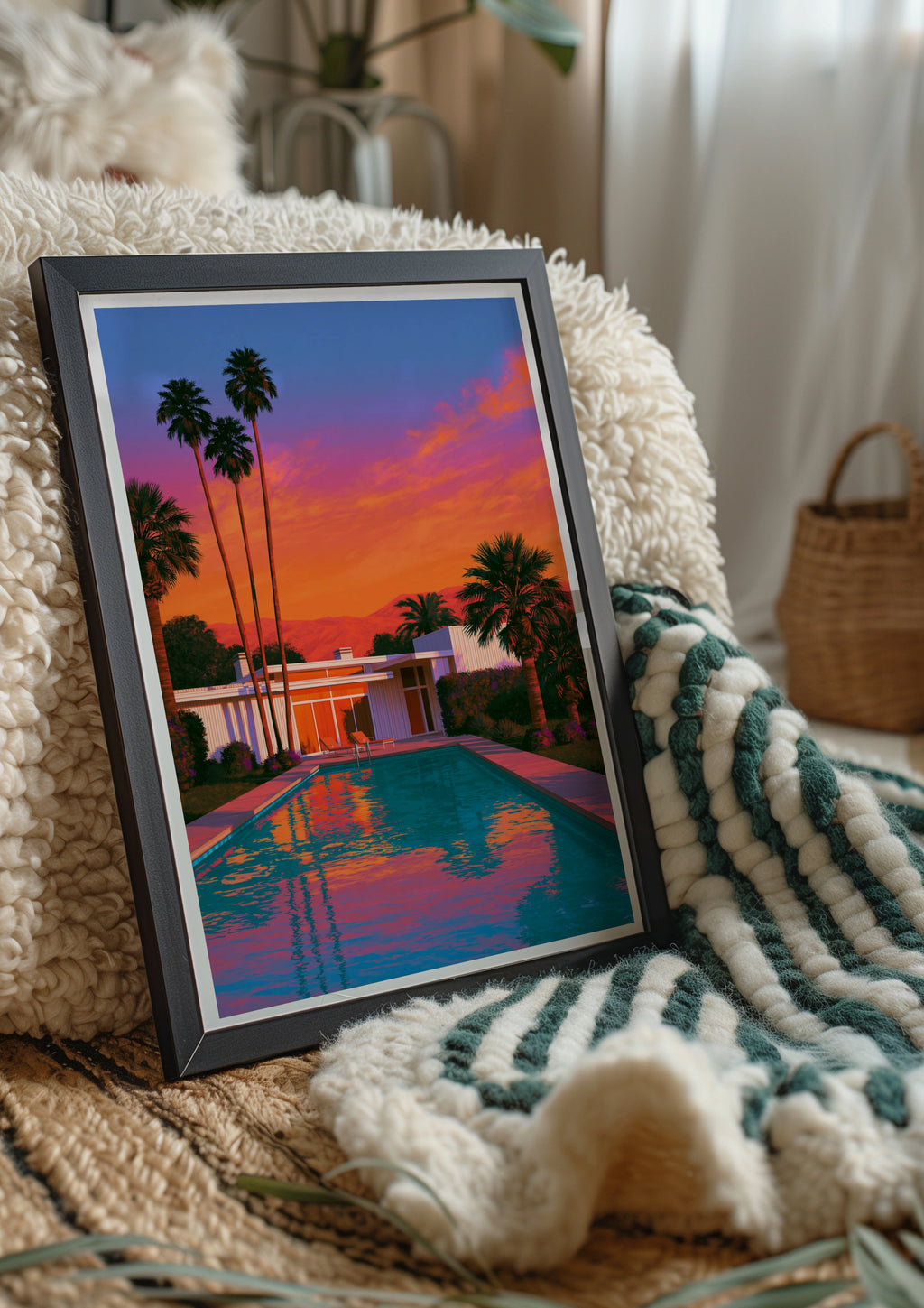 Desert Palm Springs Villa Pool Sunset Poster, Mid-Century Modern Art Print