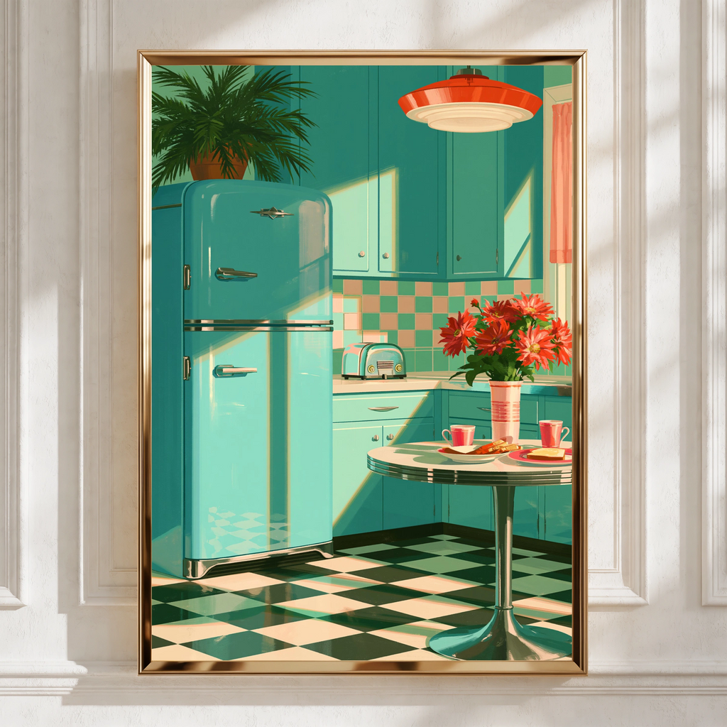 Retro Kitchen Poster, Turquoise 1950s Diner Art Print, Mid-Century Style