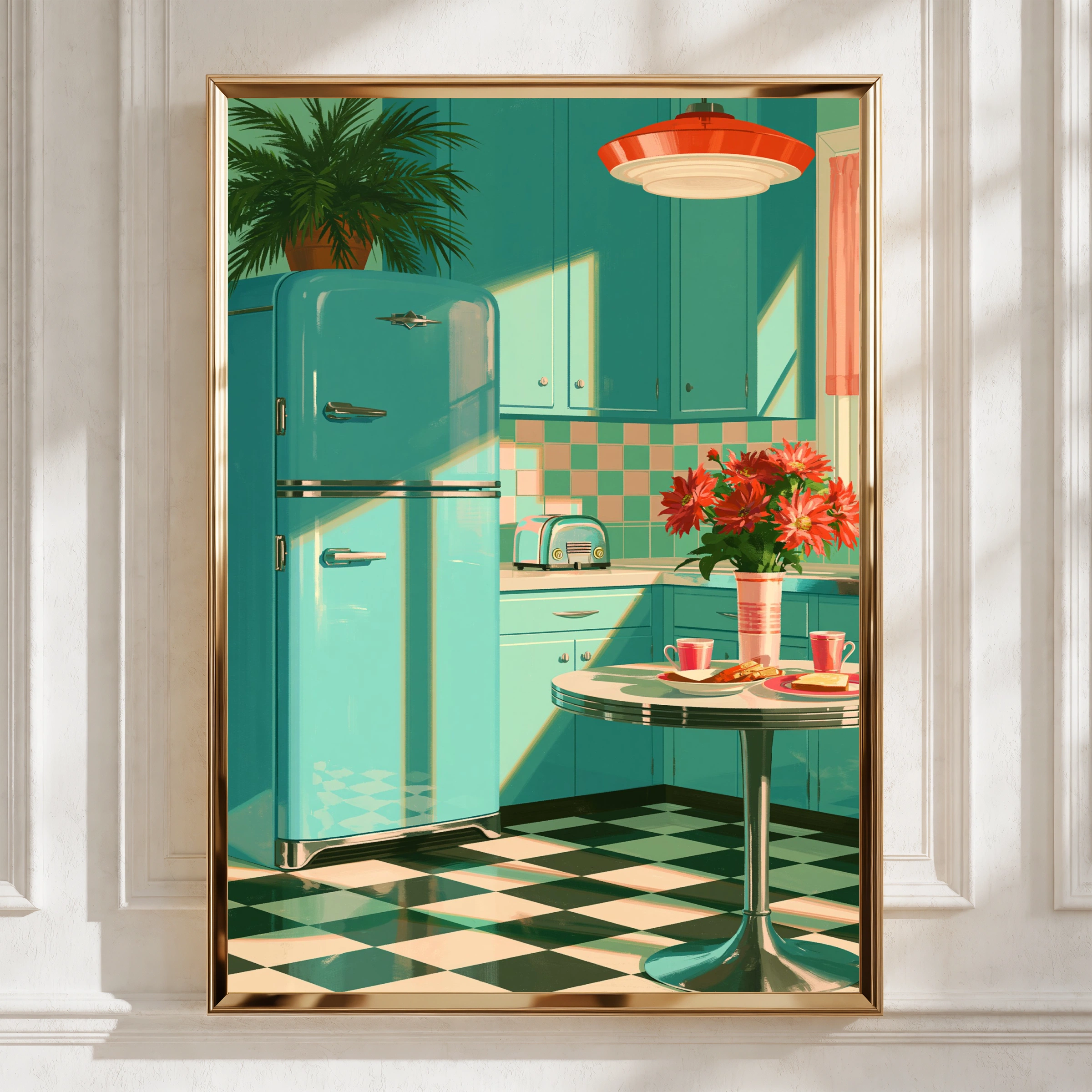 Retro Kitchen Poster, Turquoise 1950s Diner Art Print, Mid-Century Style