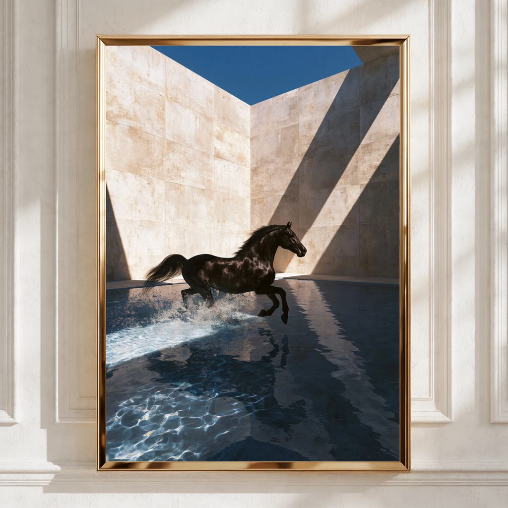 Black Horse Splashing Water, Wall Art Poster, Contemporary Photography Style