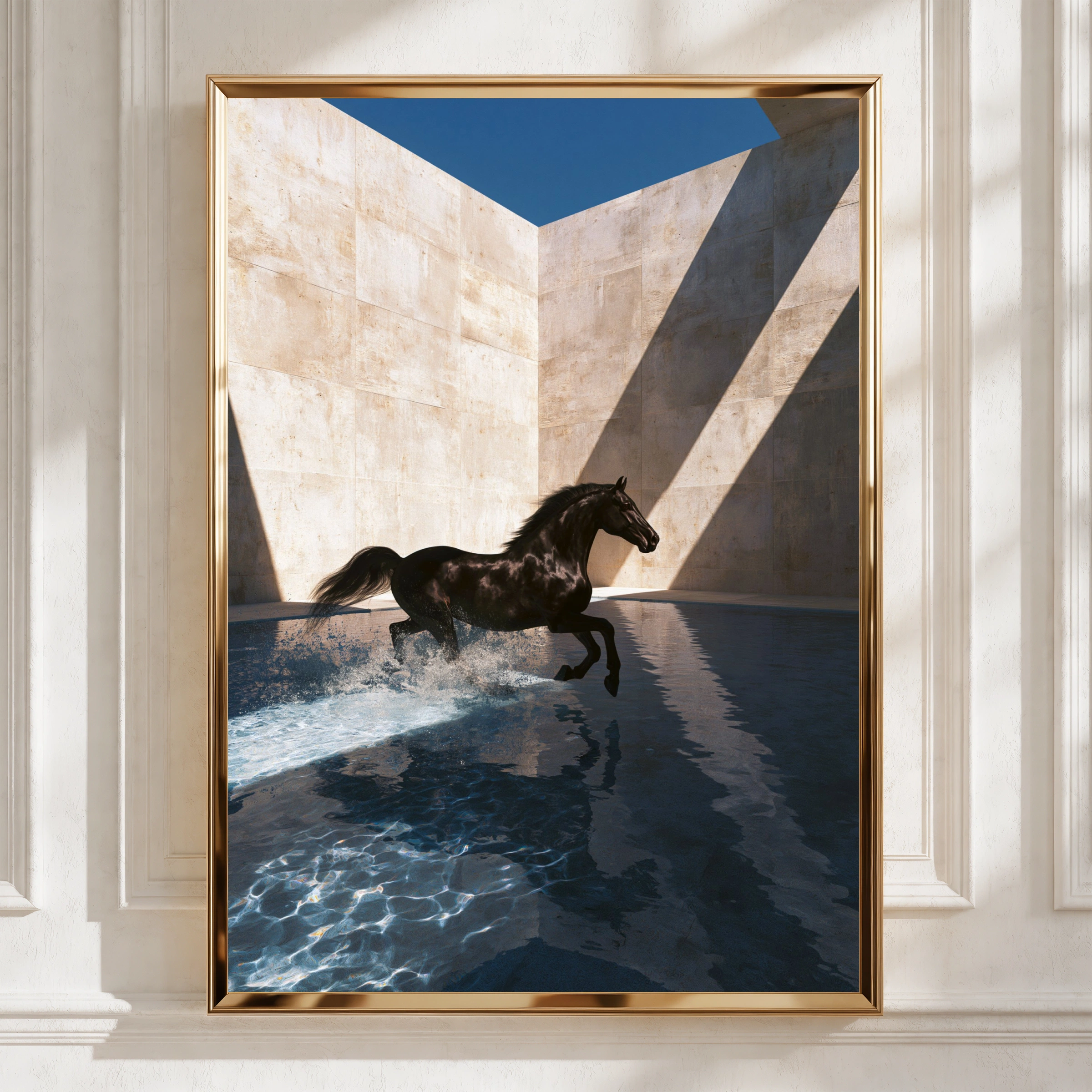 Black Horse Splashing Water, Wall Art Poster, Contemporary Photography Style