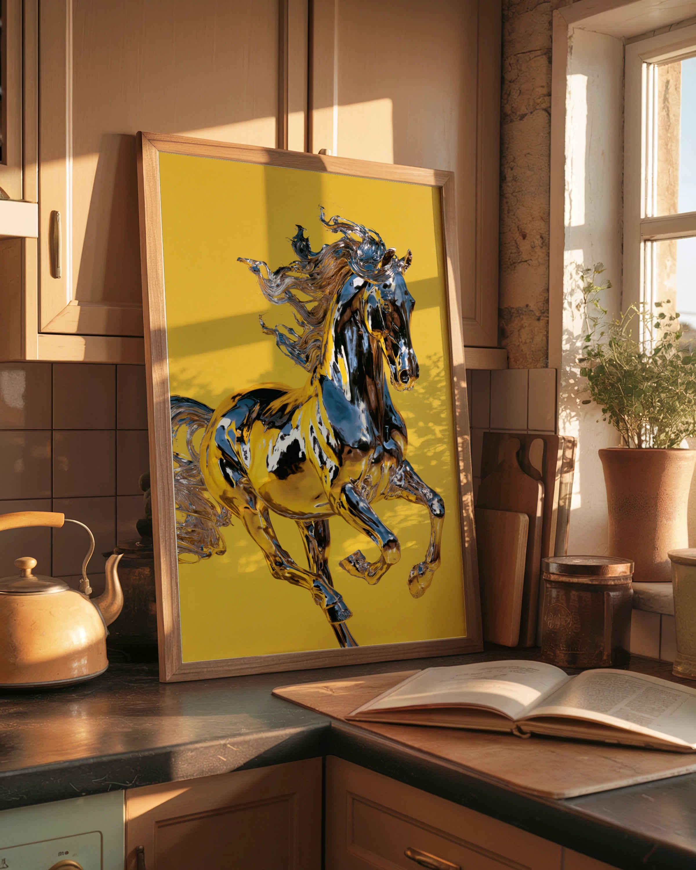 Chrome Horse Poster, Metallic Yellow Wall Art, Bold Modern Print