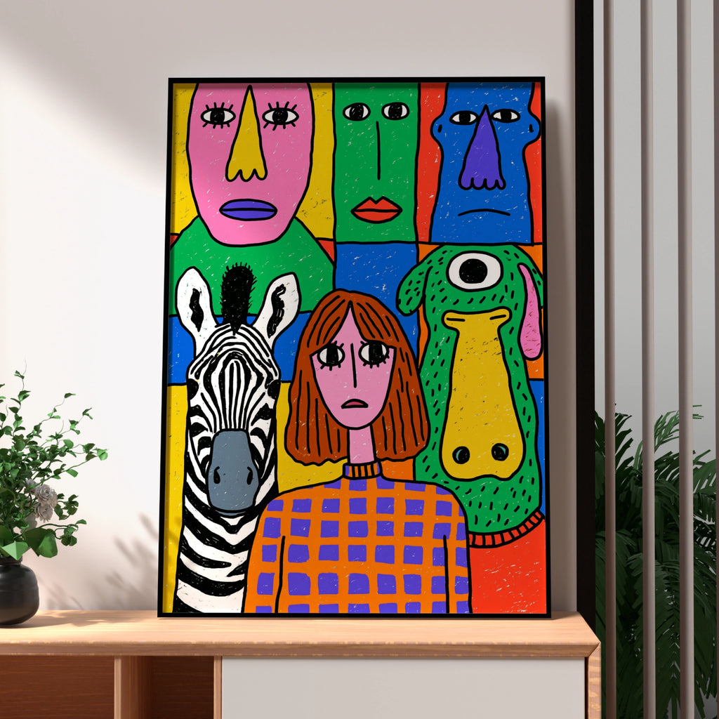 Colourful Abstract Faces Poster, Zebra Girl Monster Wall Art, Bold Drawing