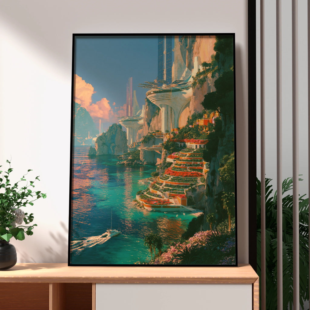 Futuristic Coastal City Poster, Sky Sea Cliffs, Sci-Fi Architecture Print