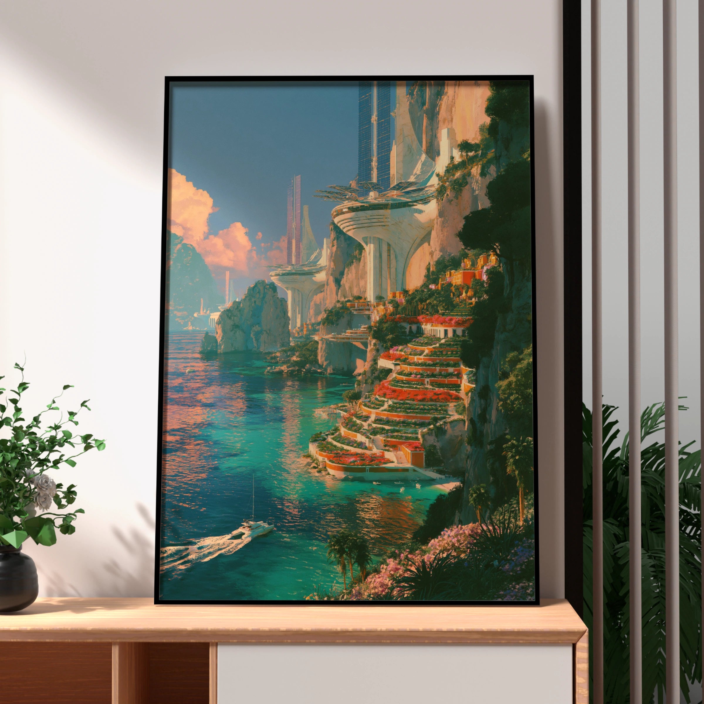 Futuristic Coastal City Poster, Sky Sea Cliffs, Sci-Fi Architecture Print