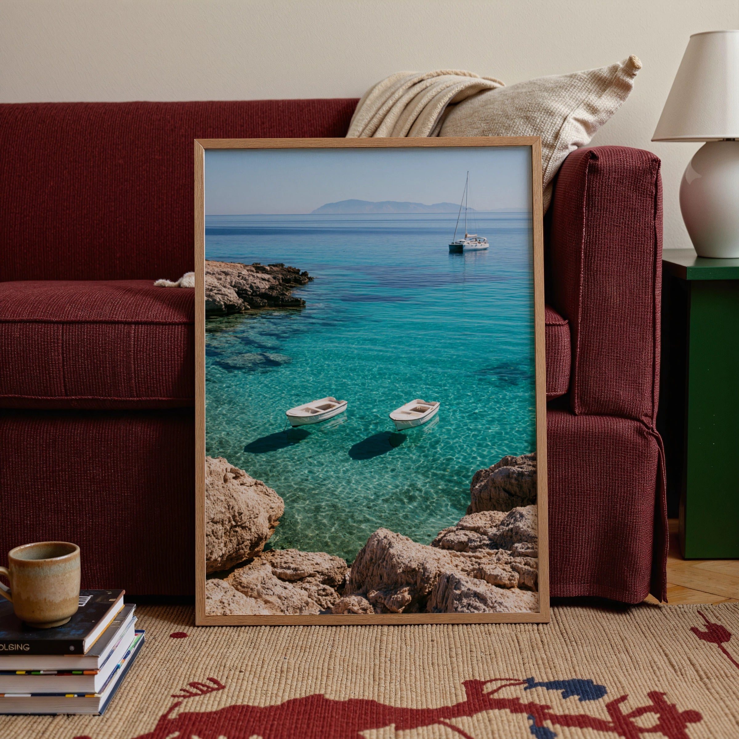 Boats on Crystal Clear Sea, Wall Art Poster, Mediterranean Coastal Print