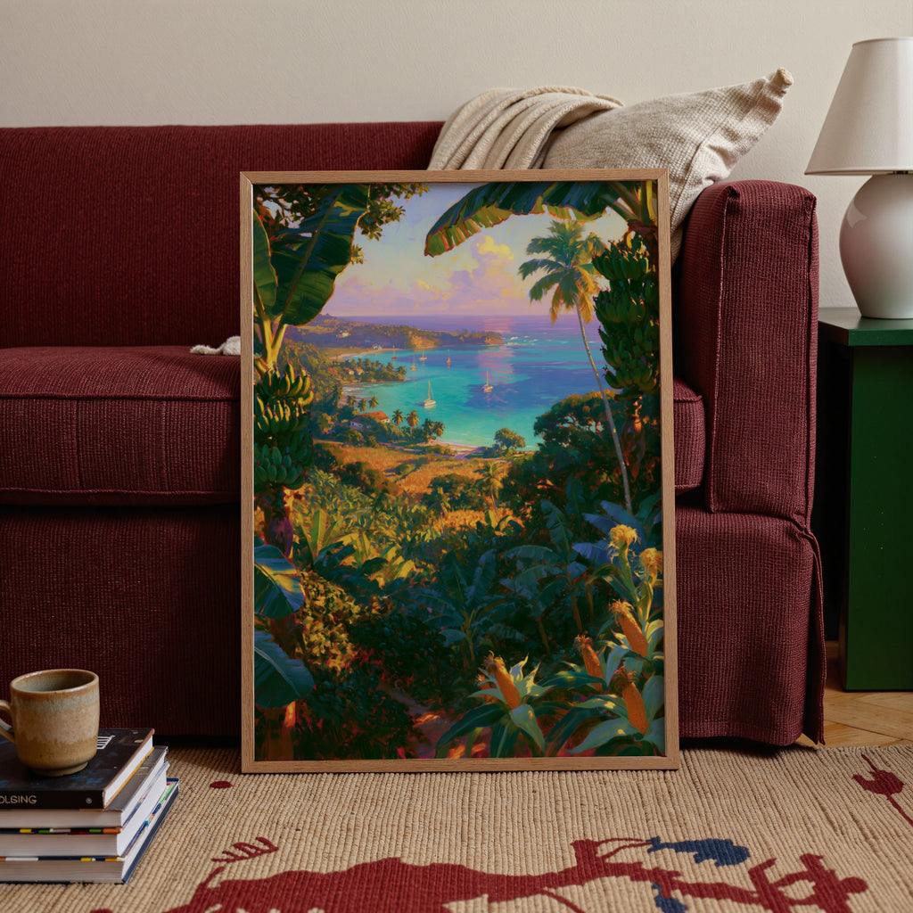 Tropical Beach Bay Poster, Caribbean Jungle View, Sailboat Wall Art Print